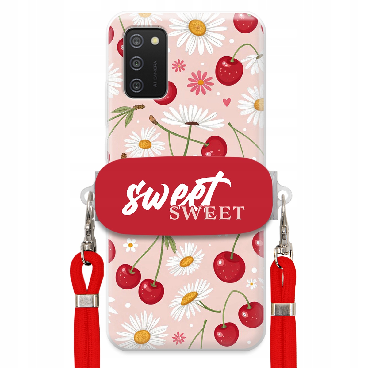 Pouzdro pro Samsung A02S Červené vodítko držák Crossbody Sweet Višňový Květ