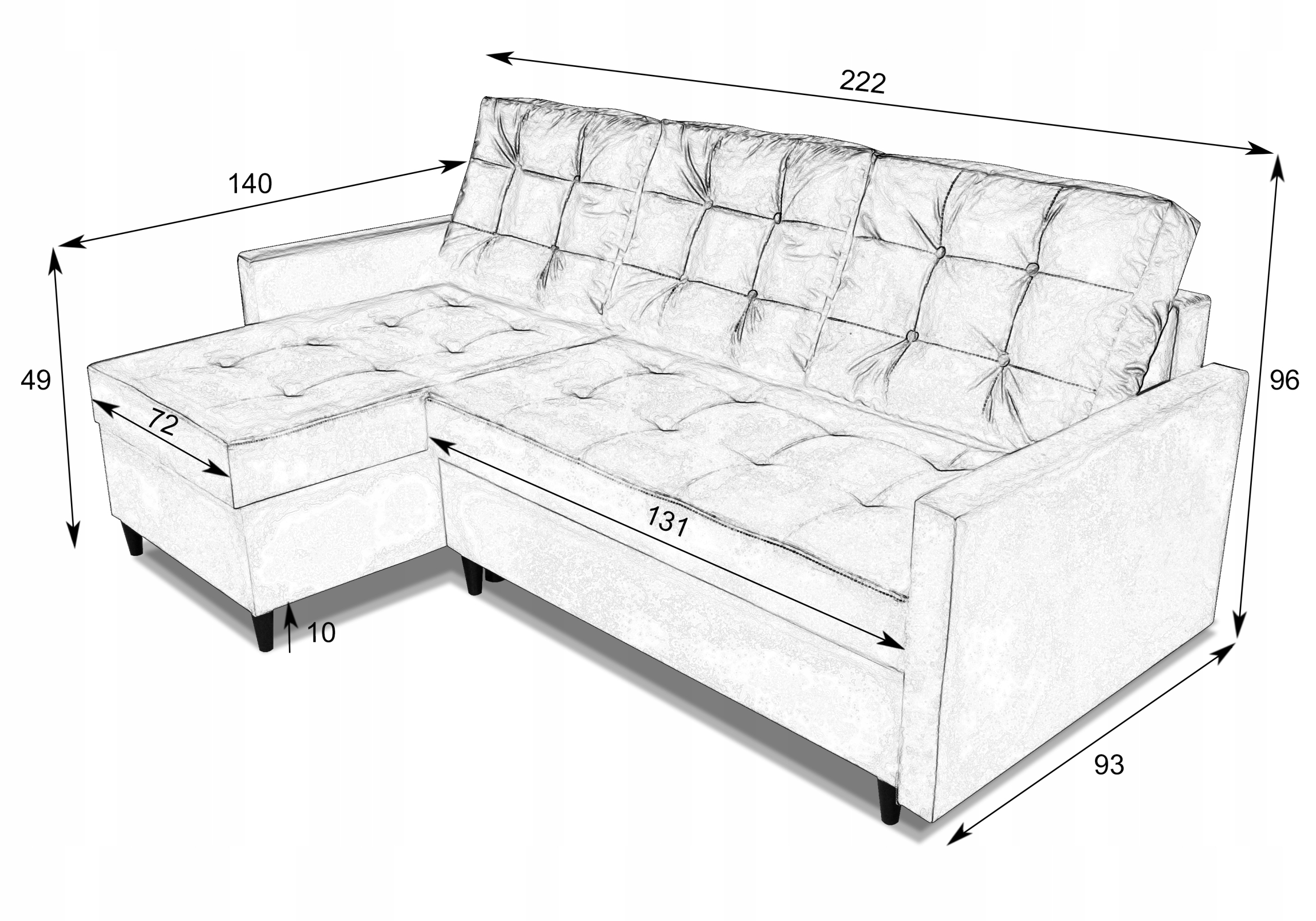 NAROŻNIK ROZKŁADANY + 2x pojemnik sprężyny bonell Głębokość mebla 140 cm