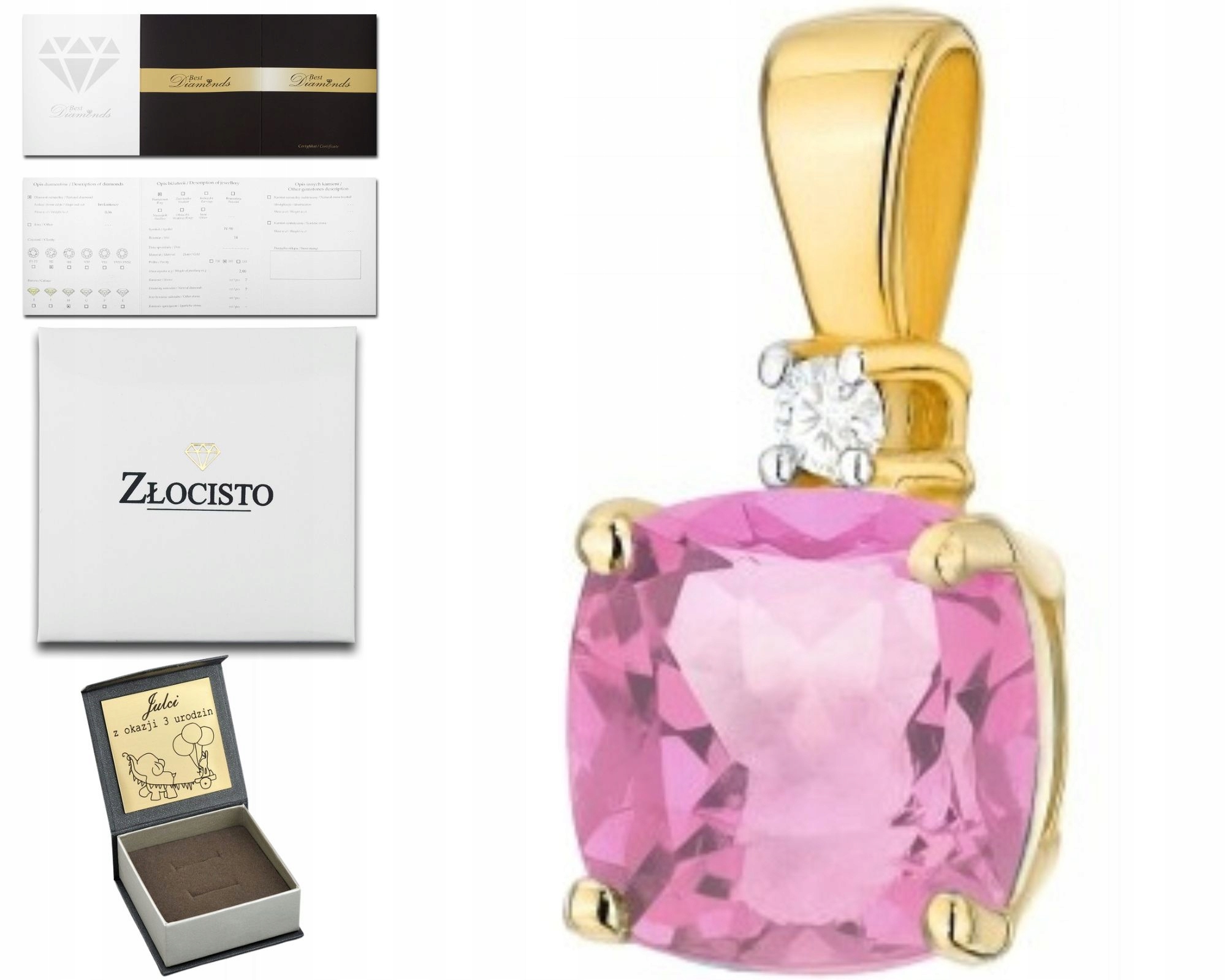 Přívěsek Růžový Topaz Briliant 585 Dárek Gravírování