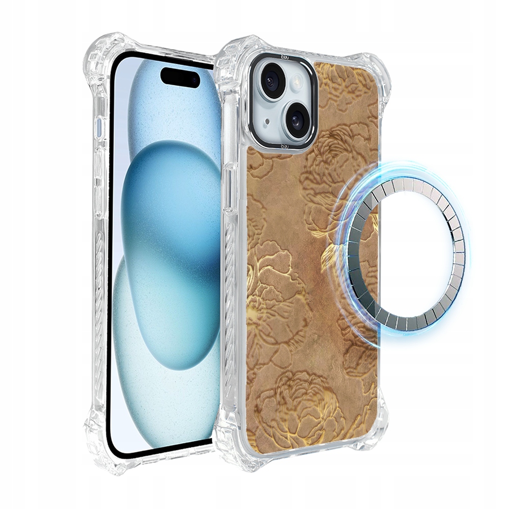 Pouzdro pro iPhone 15 Ibizu DropGuard Ultra s MagSafe, zlaté pivoňky