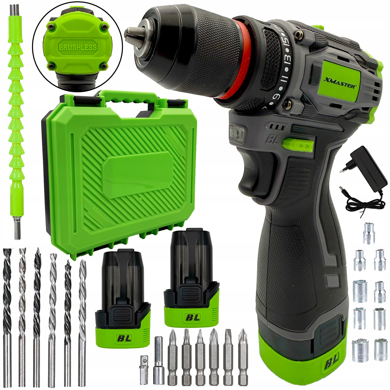 Bezszczotkowa Akumulatorowa Wiertarko Wkrętarka Bity Wiertła Zestaw +2xAKU