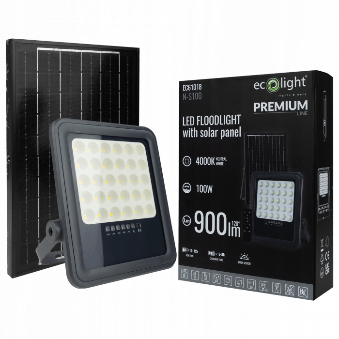 Led Osvětlovač Solární Panel 100W Dálkový Ovladač Senzor Soumraku IP65 Neutrální