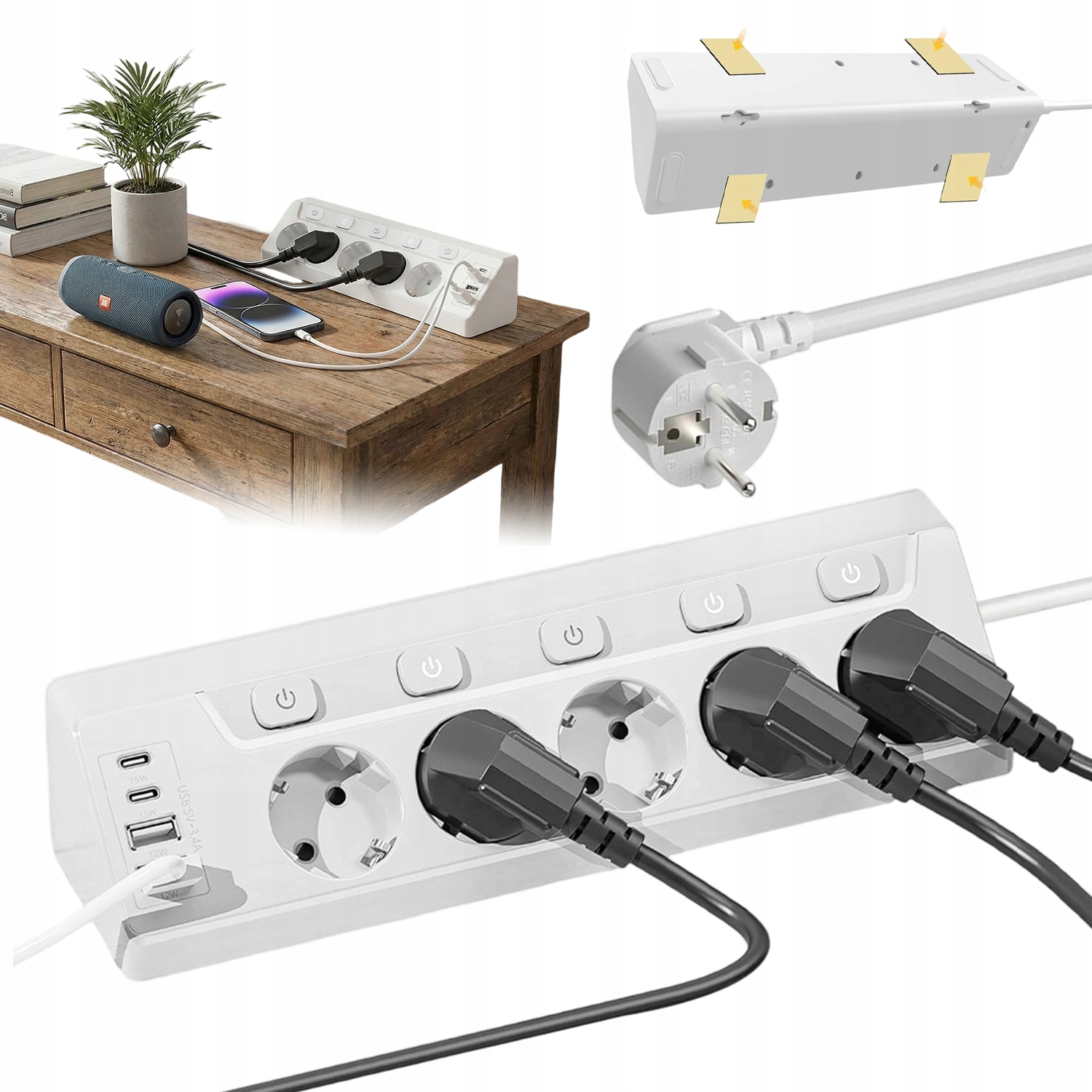 Prodlužovací Kabel 4x Usb 5 Zásuvek 2 m Usb Nabíječka Typ-c Bílá Zásuvková Lišta