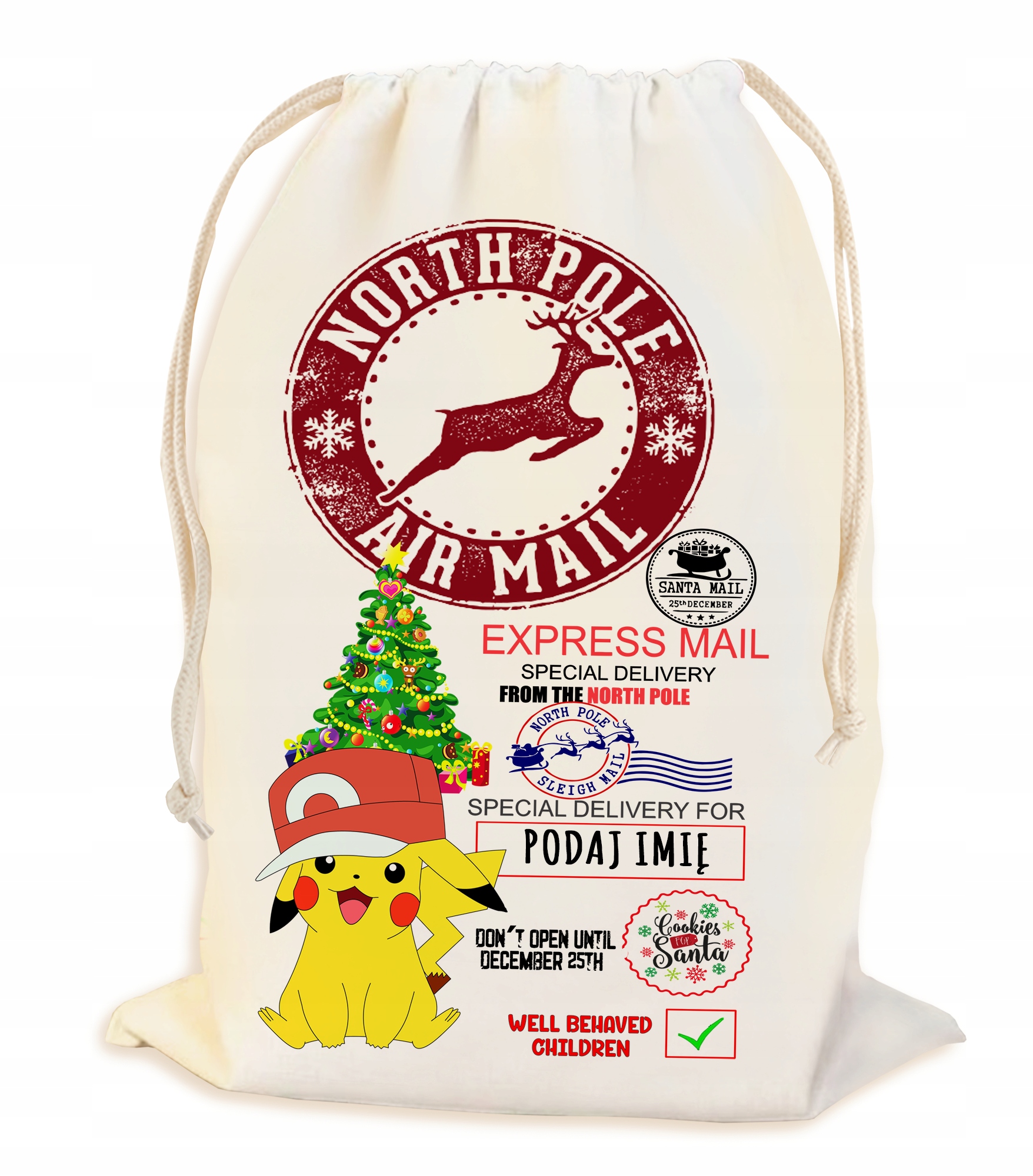 PEROSNALIZOWANY WOREK NA ŚWIĄTECZNY PREZENT POD CHOINKĘ Z IMIENIEM 23*34CM