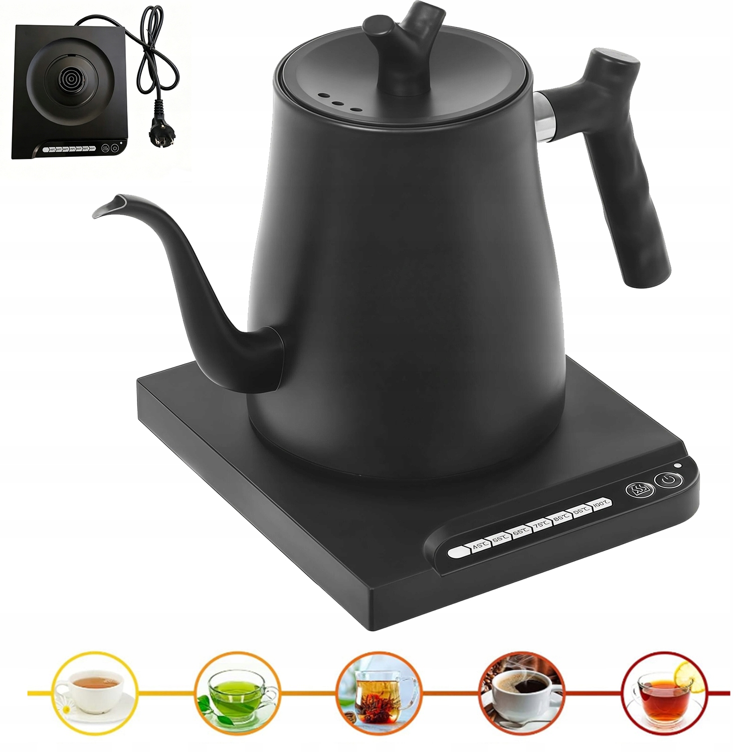 Czajnik Elektryczny 1000W 1L 7 Trybów Grzania Dziebek Gooseneck Eu Czarny