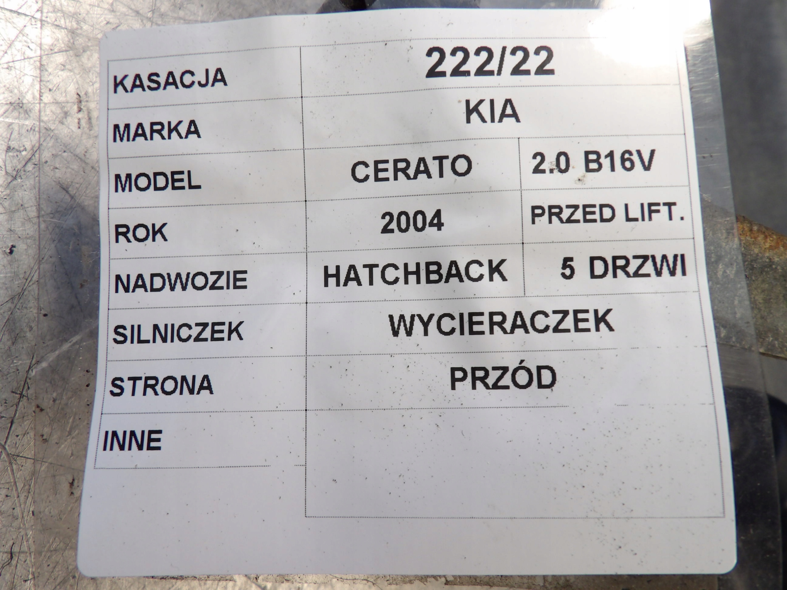 MÉCANISME WYCIERACZ AVANT KIA CERATO ET 98110-2F000