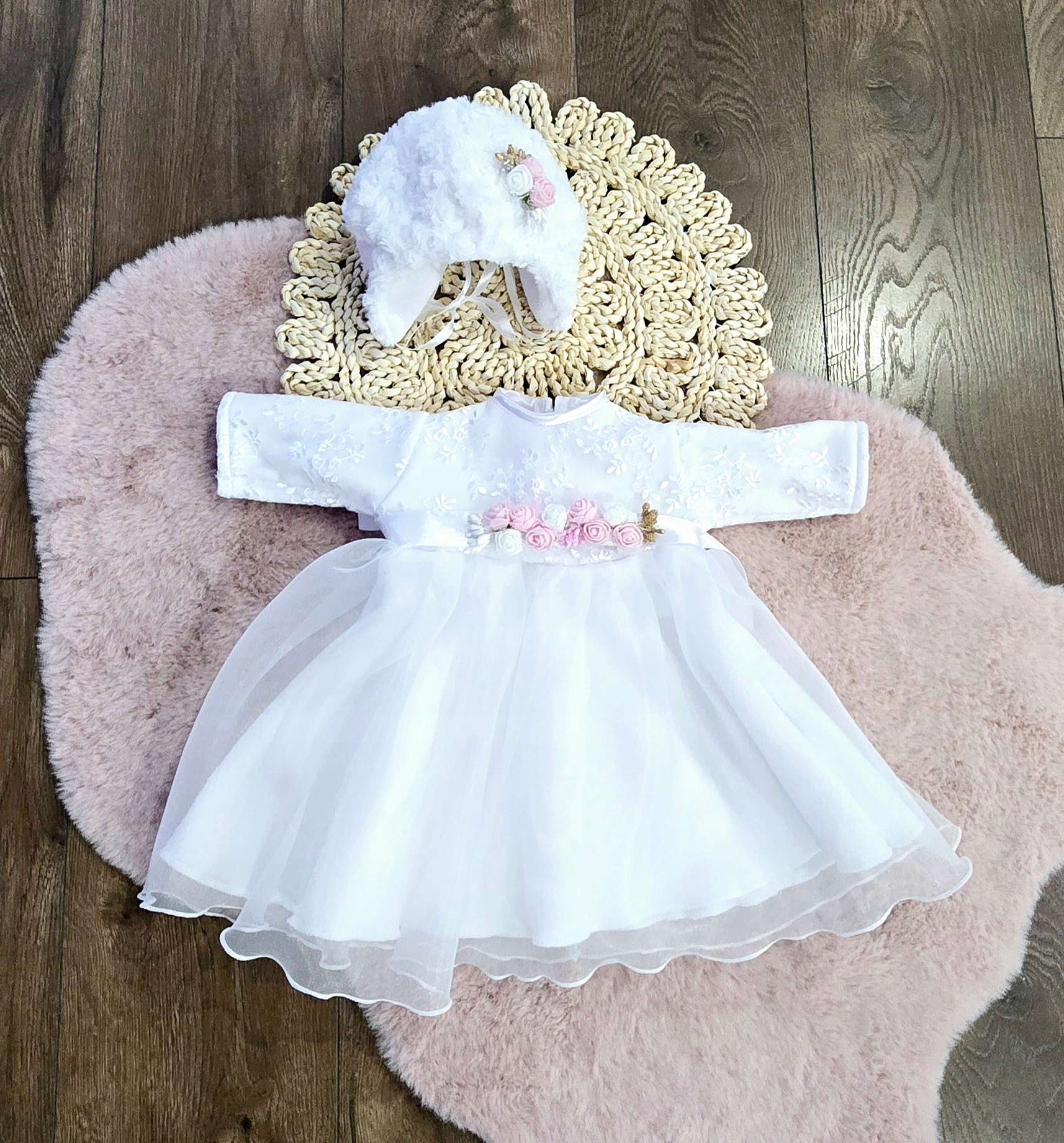 Zimowe UBRANKO do CHRZTU Komplet 80/86 Liwia 4 częściowe Długość sukienki 44 cm