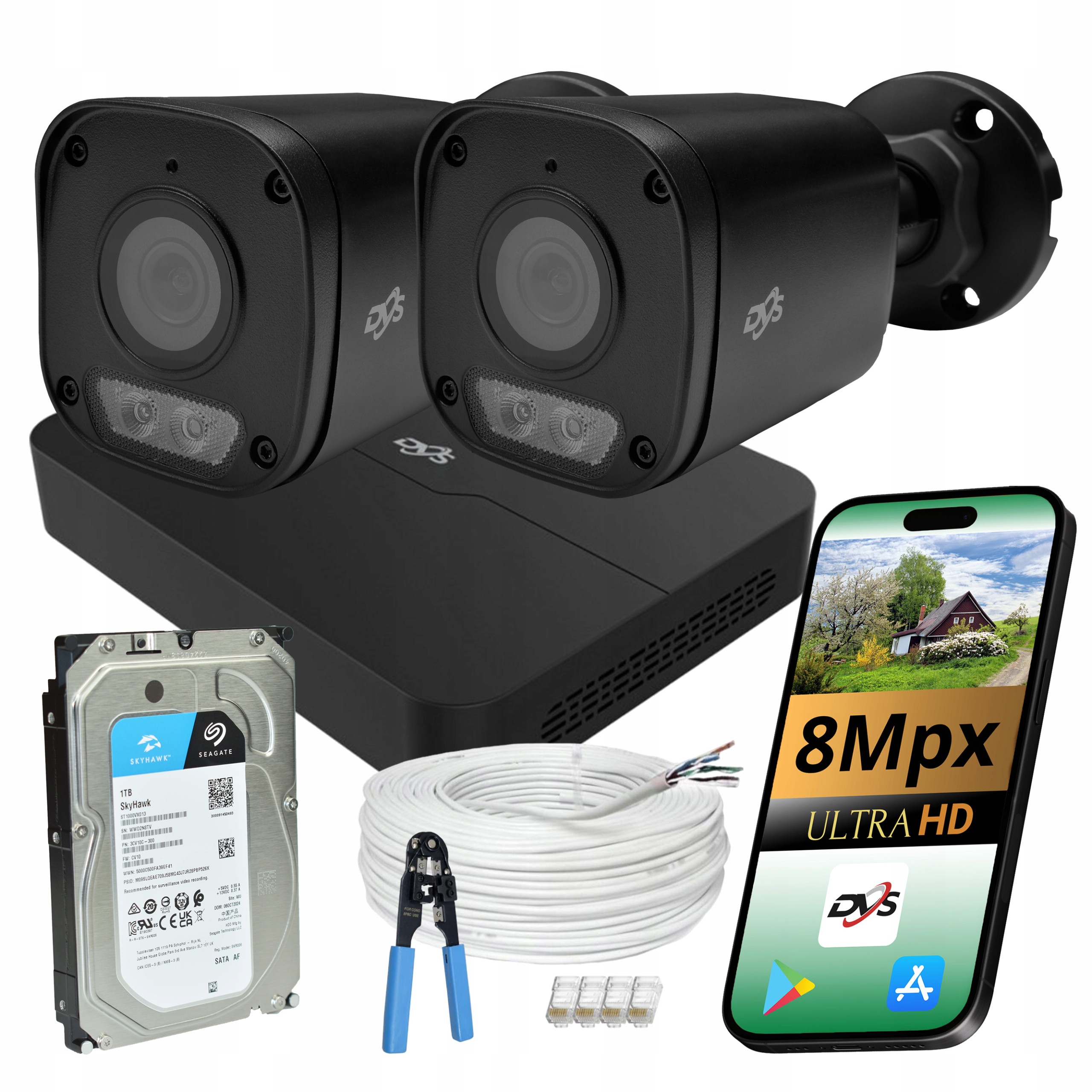 Sada Monitorování Ip PoE 2 Venkovní Kamery 8MPX 4K Dual Led Černý Disk