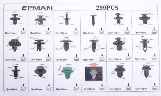 ZESTAW SPINEK KLIPSÓW KOŁKÓW SAMOCHODOWYCH 299szt Producent części Epman