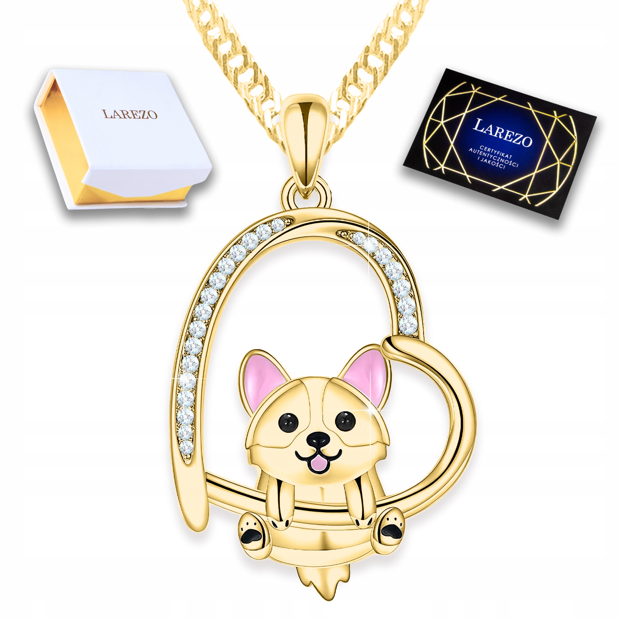 Zlatý Náhrdelník Srdce s Krystalky Psí Tlapka Zirkony Stříbro 925