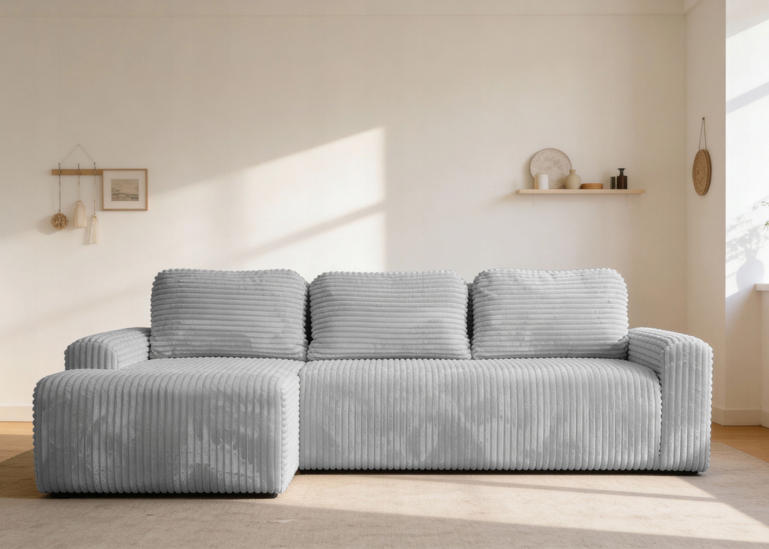 Rohová Sedací Souprava s funkcí spaní Nesso levá s úložným prostorem na povlečení, světle šedá