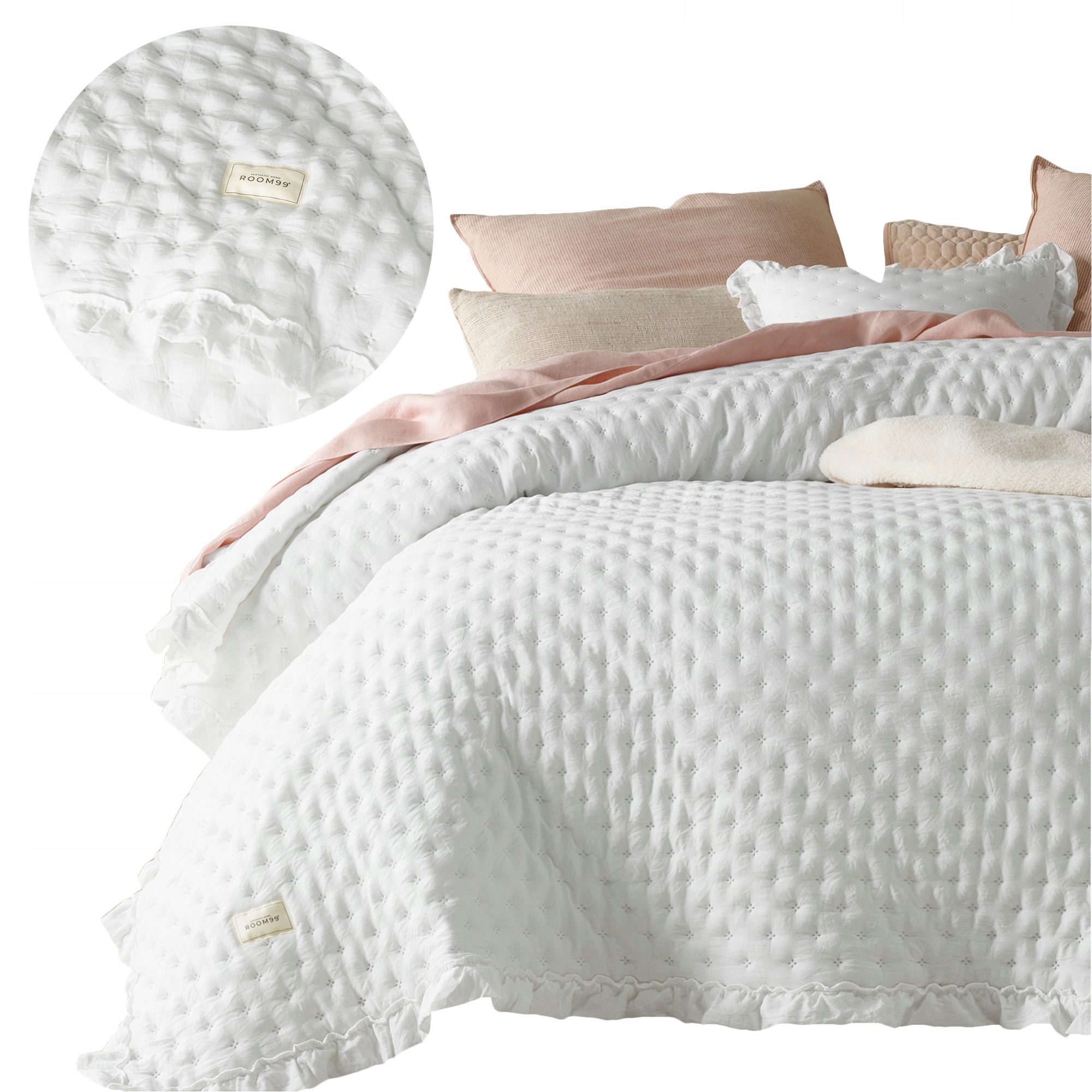 ROOM99 Přehoz na postel 170x210 pohovka zlomená bílá prošívaná s volánem Molly