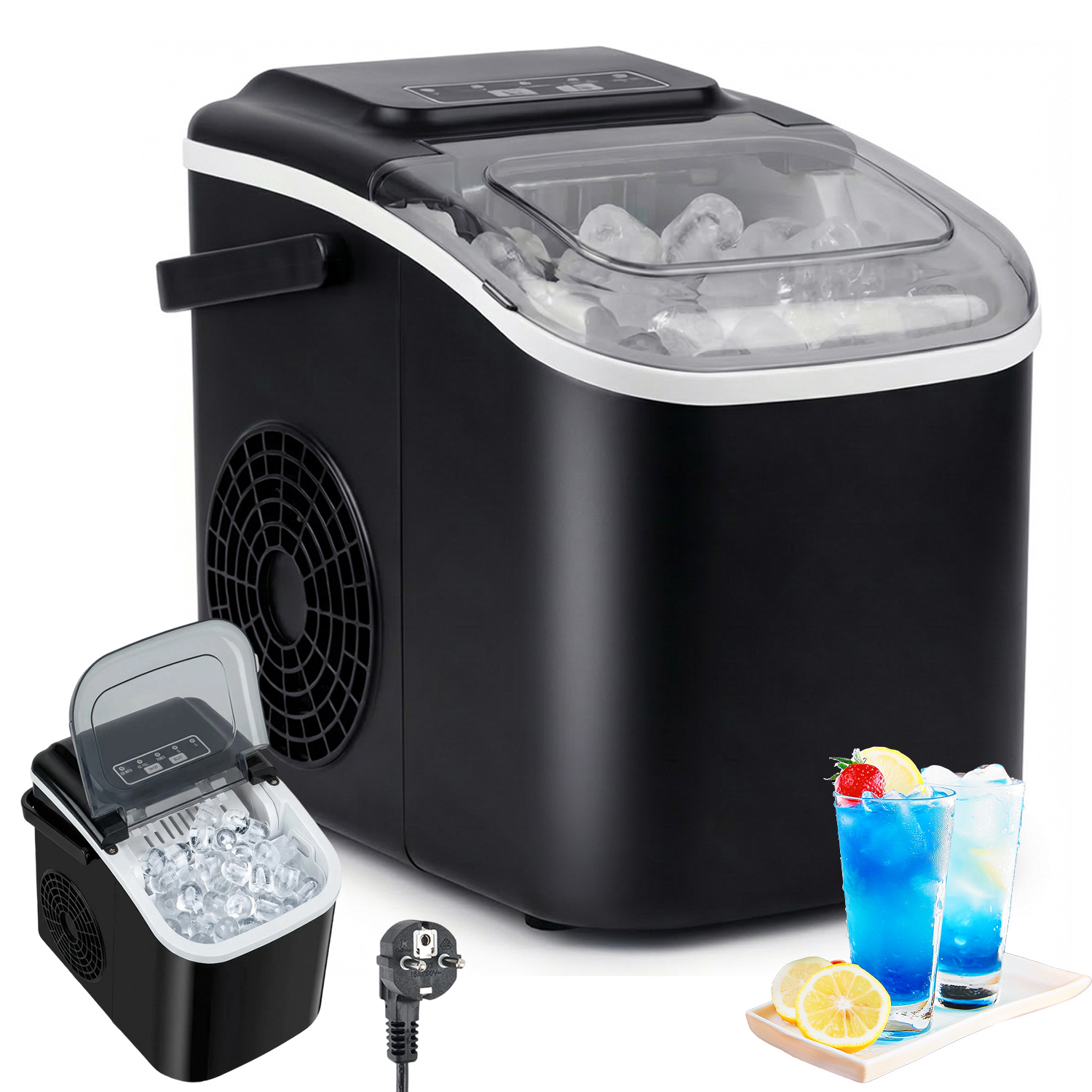 Sada Mini Samočistící Výrobník Ledu 12 KG/24 H 1,2 L, Sada Černá