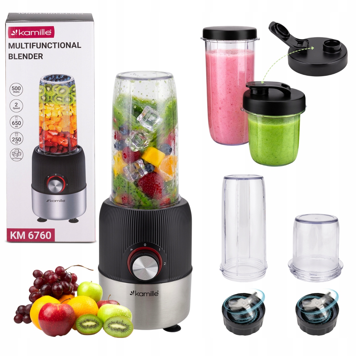 Kalichový Mixér 2 Kalichy 650 ml 250 ml Drtič 2-v-1 500 W Kamille