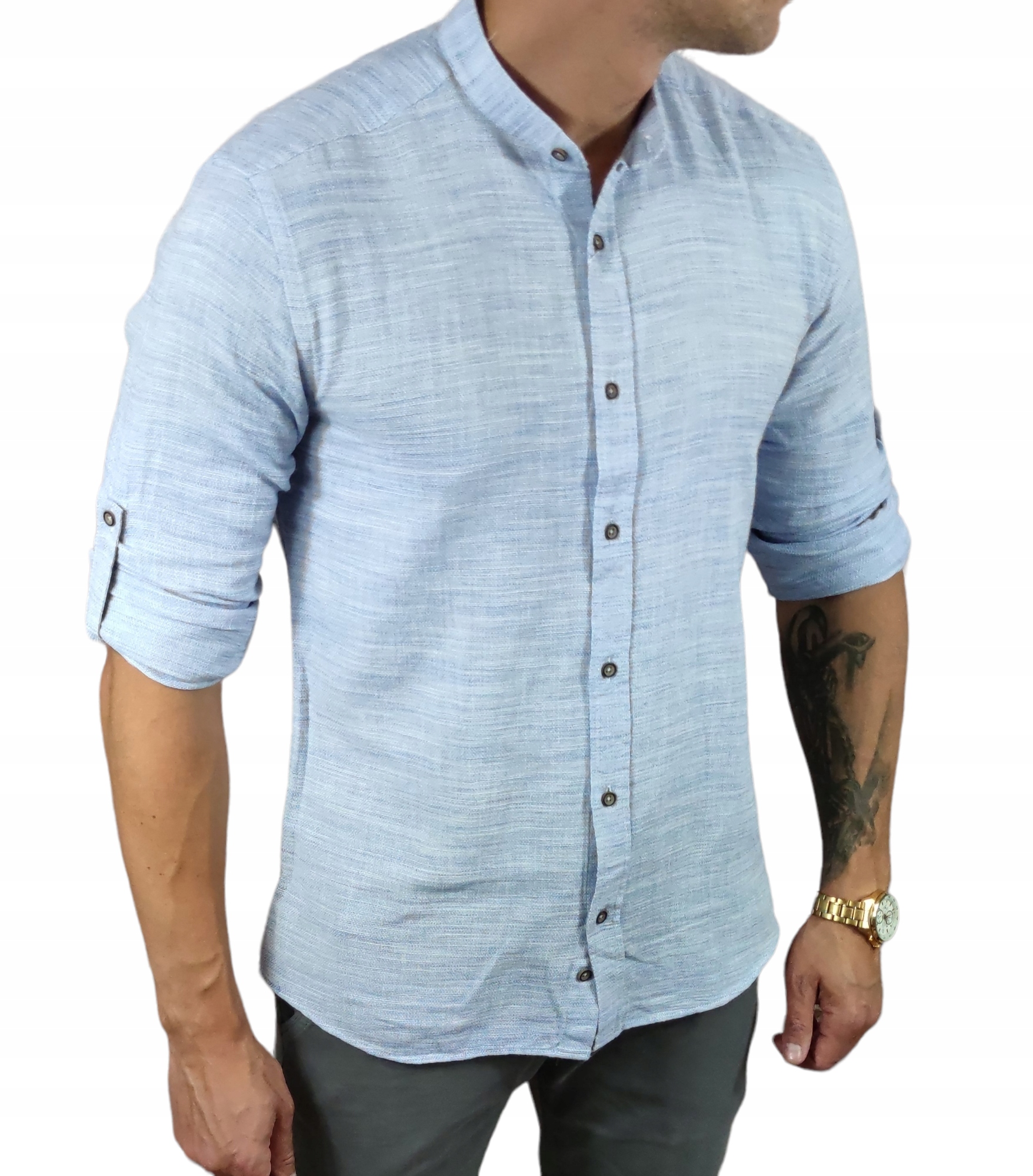 Košile z lněné tkaniny se stojáčkem slim fit modrá ESP010 XL
