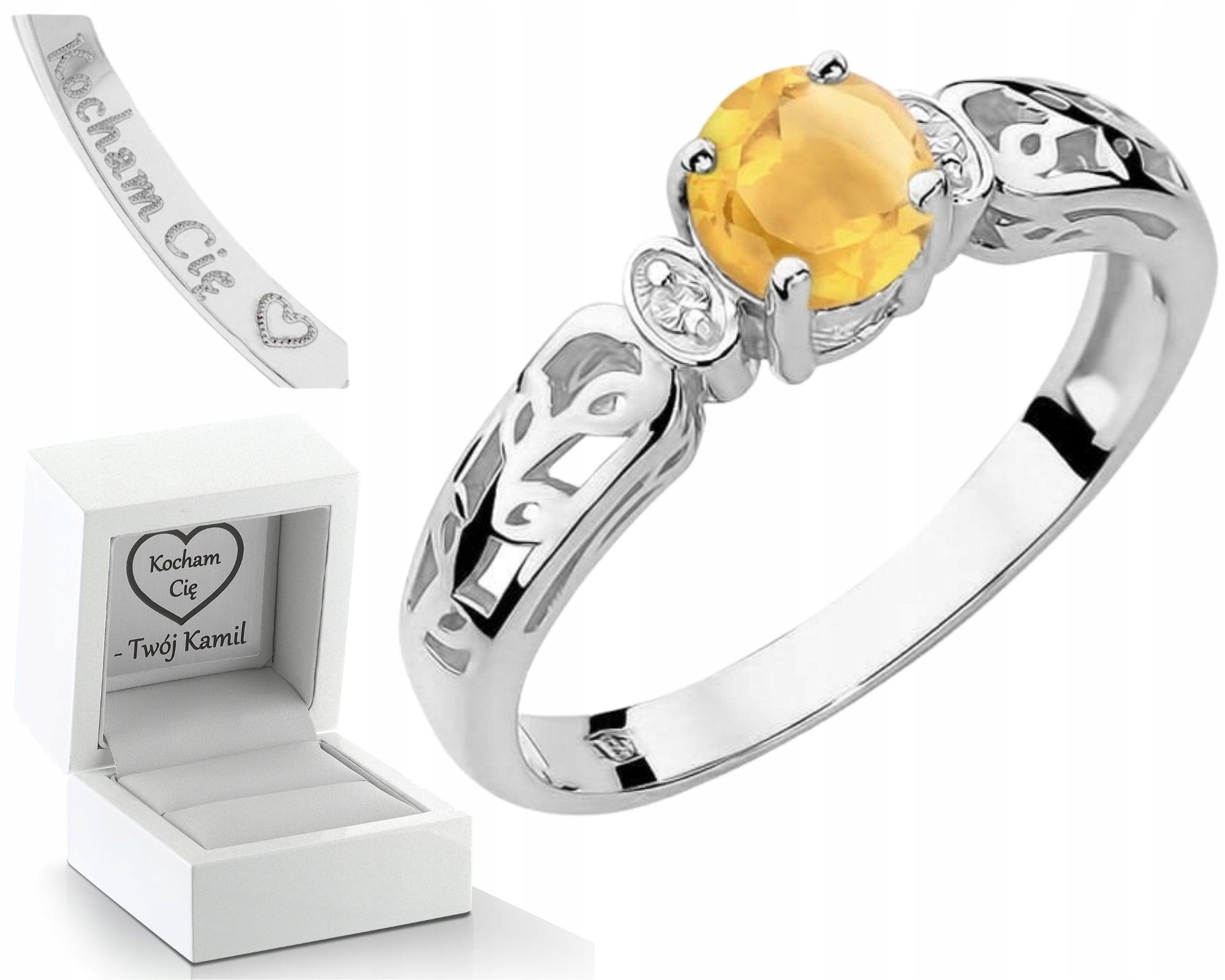 Bílý Zlatý Prstýnek S Citrínovými Diamanty 585 14K Dárek Gravírování