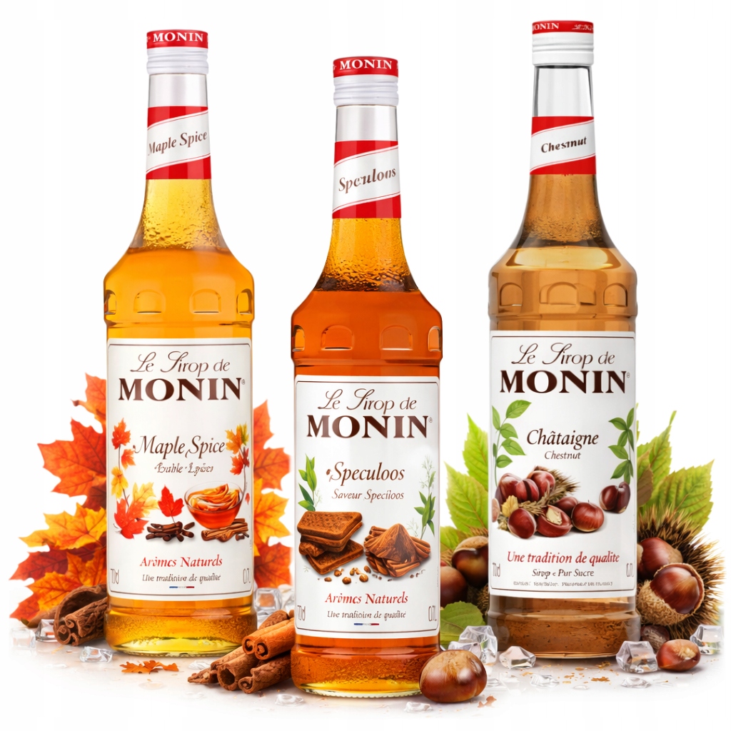 Monin Syrop Zestaw 3 smaków 700 ml Korzenne ciasteczka klonowy kasztanowy