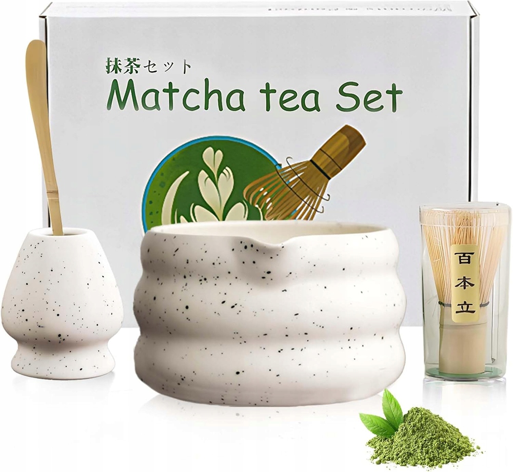Levně Japonská Čajová Sada Matcha Keramika Dřevo 5 Dílů Bílá S Tečkami