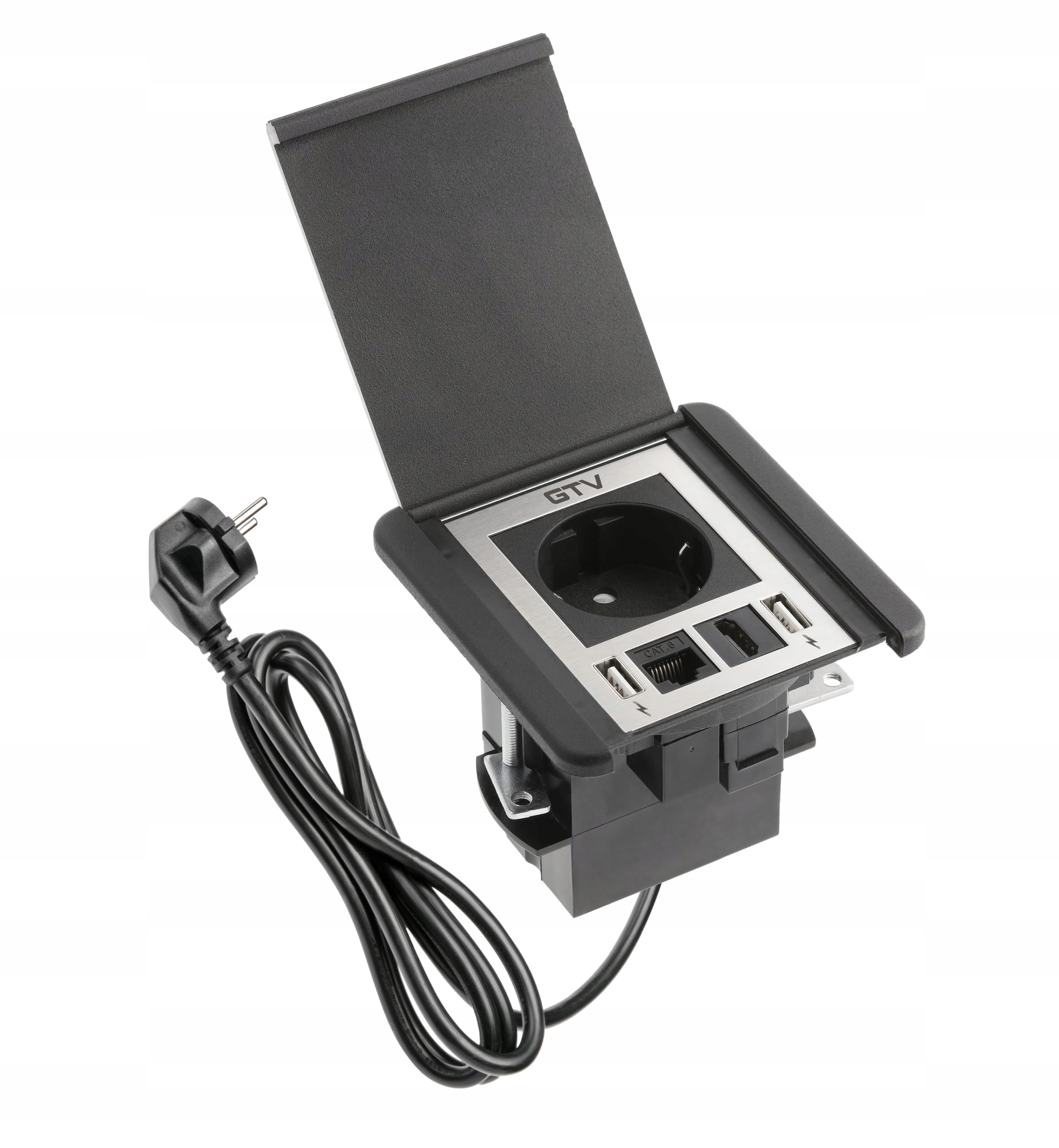 Gtv zásuvka Flip Schuko 2xUSB-A RJ45 Hdmi 1,5 m, zapuštěná, stolní, černá