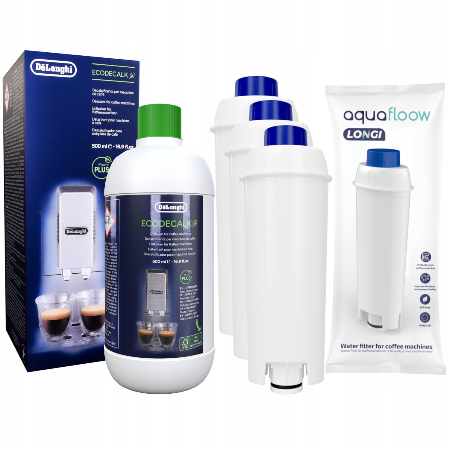 Détartrant DeLonghi 500ml et 3 Filtres AquaFloow Longi pour