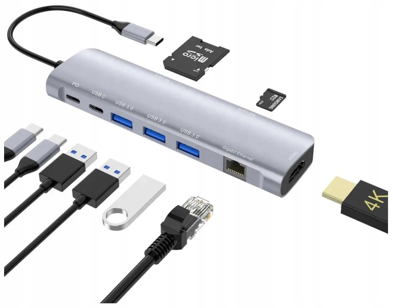 Adaptér Hub Usb-c Hdmi 4k Lan RJ45 Gigabit Pd 100W Usb 3.0