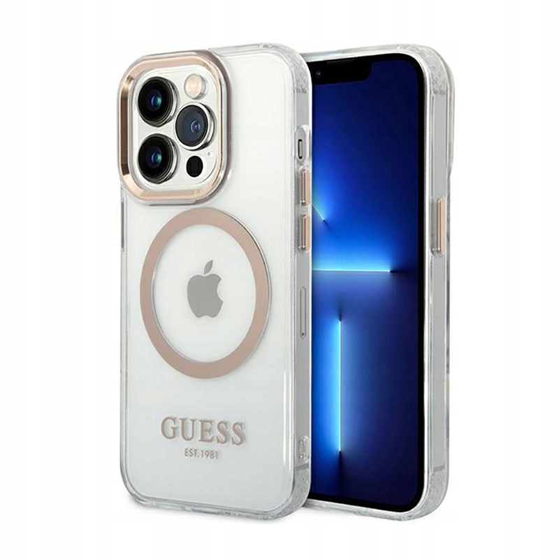 Guess Metal Outline MagSafe pouzdro pro iPhone 14 Pro Max, průhledné, zlaté