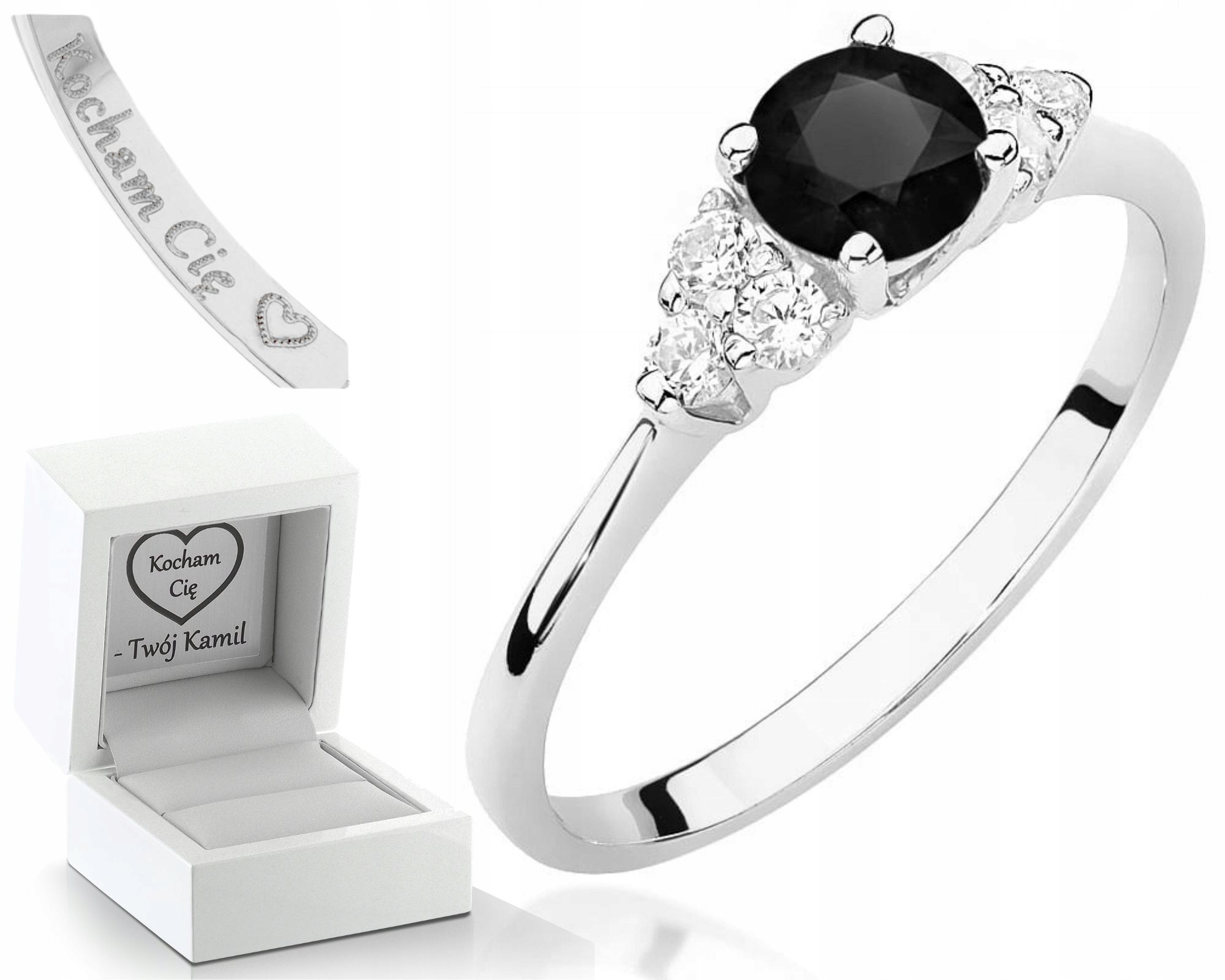 Bílý Prstýnek S Černým Briliantem A Diamanty Gravírování 585 Bonus
