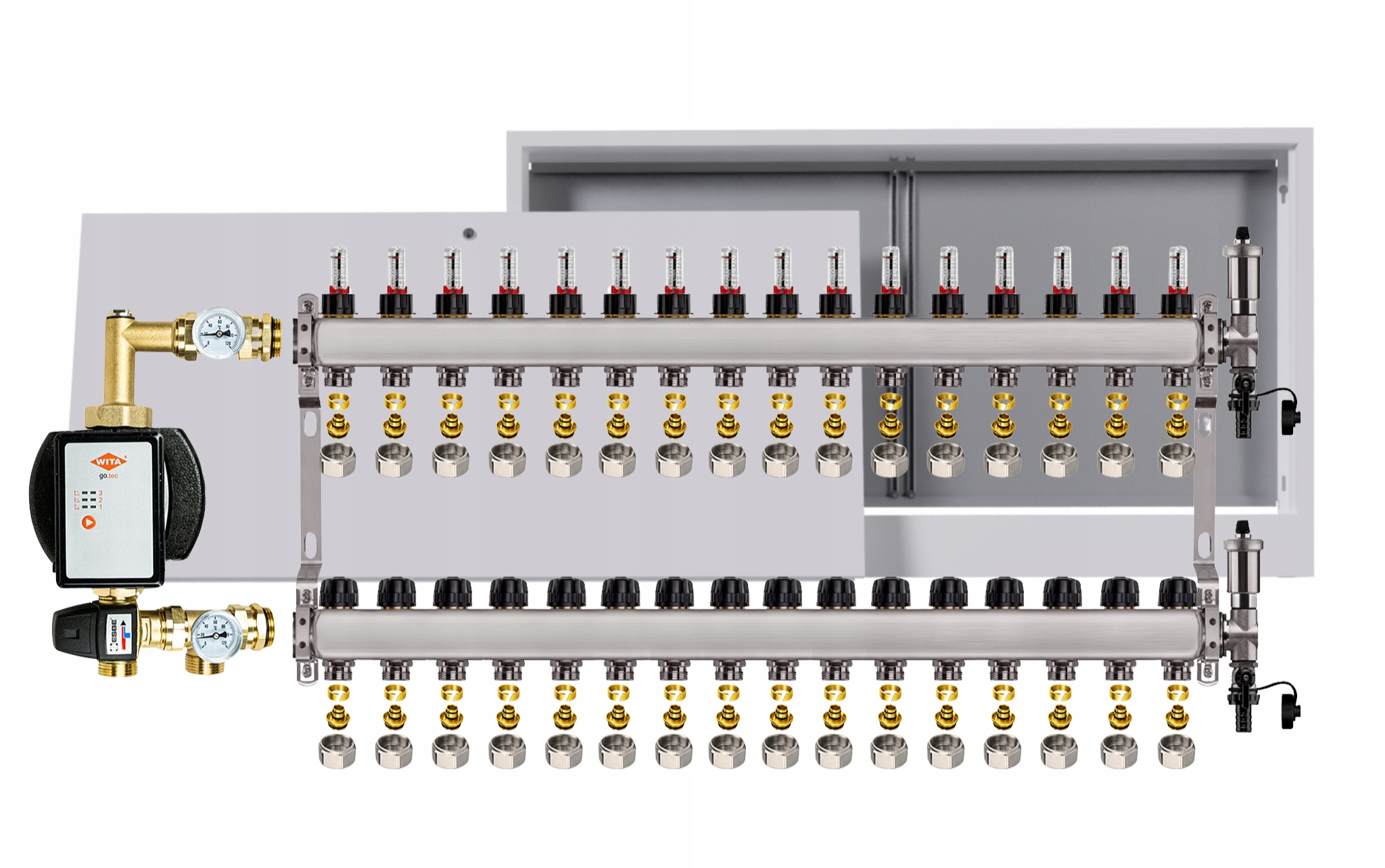 Rozdělovač pro podlahovku nerezový 16 okruhů s čerpadlem Wita box +pex