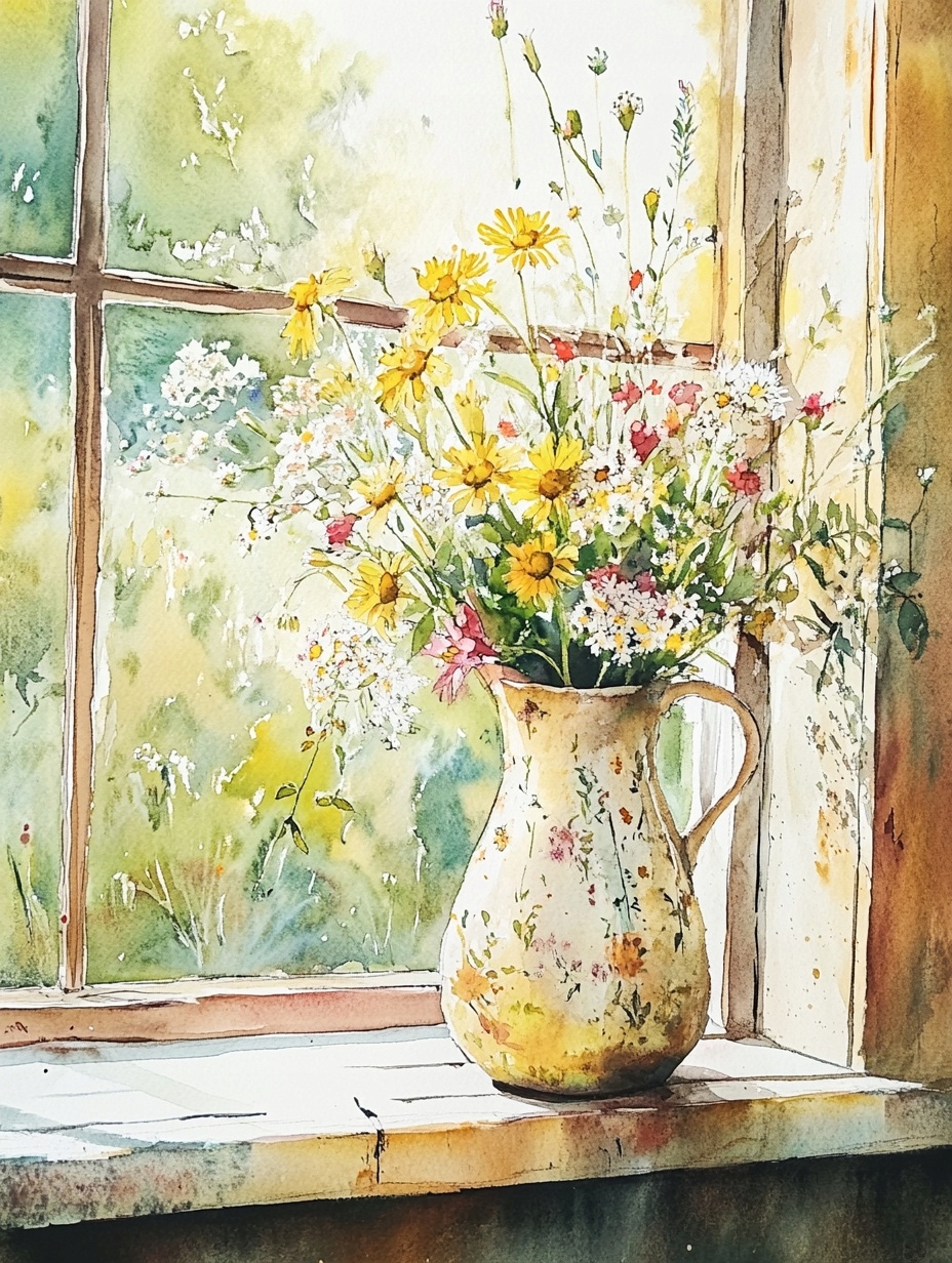 Obraz Na Plátně Canvas Okno Dekorace Polní Květiny Kytice Džbán 75x100