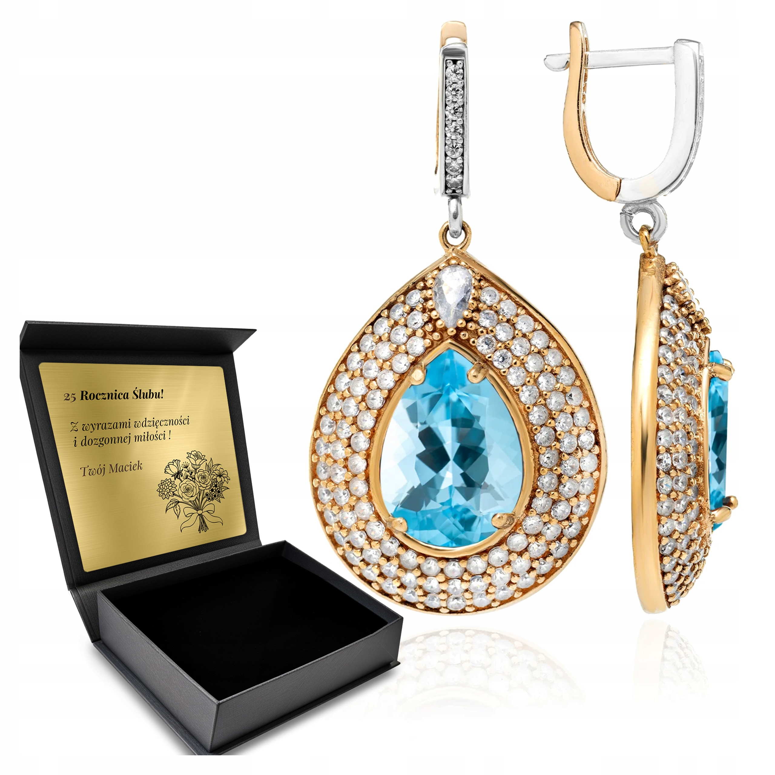 Stříbrné Náušnice 925 Zirkony A Topaz Dárek pro ženu Gravírování