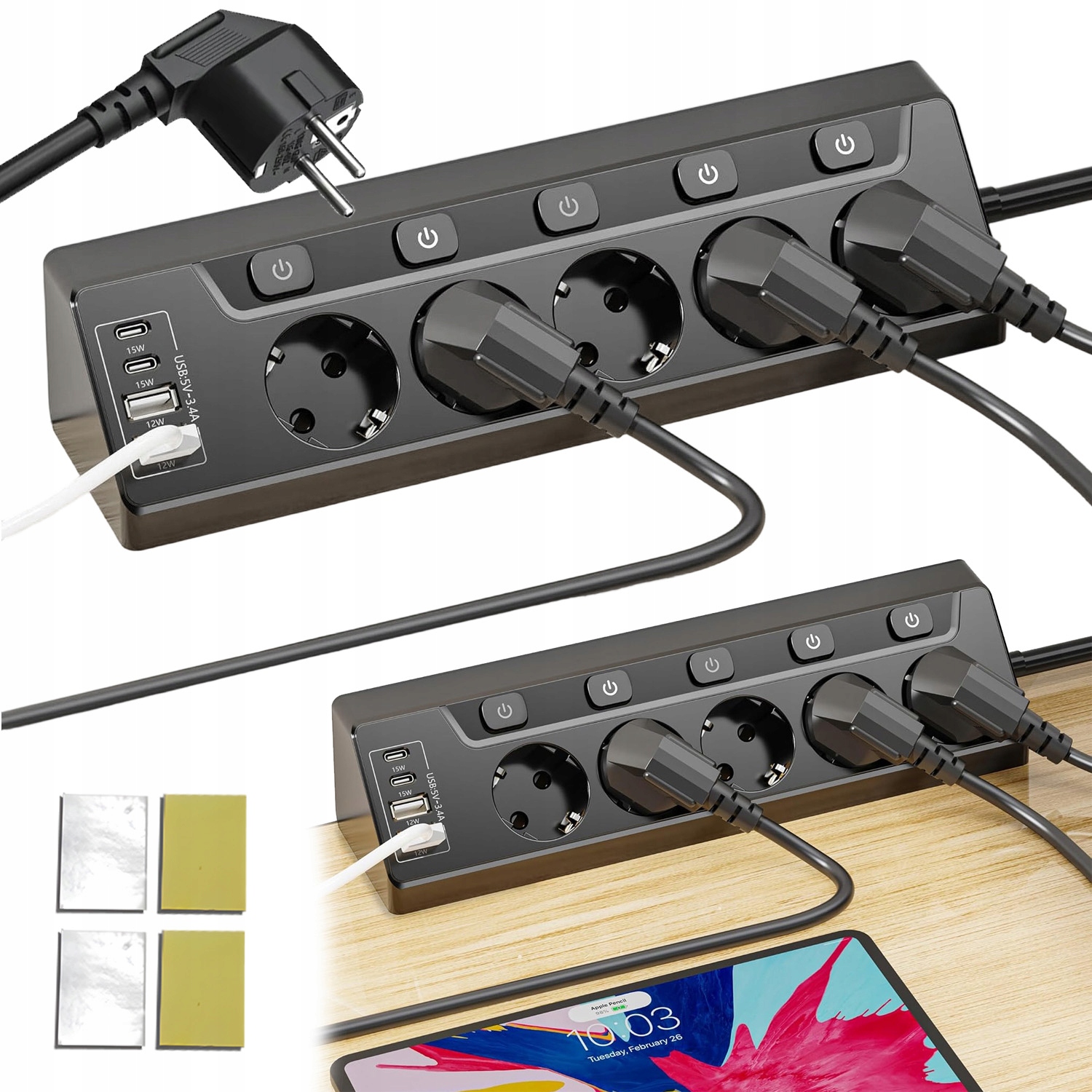 Zásuvková Lišta Prodlužovací Kabel 2X Usb-a 2X Usb-c 2 M