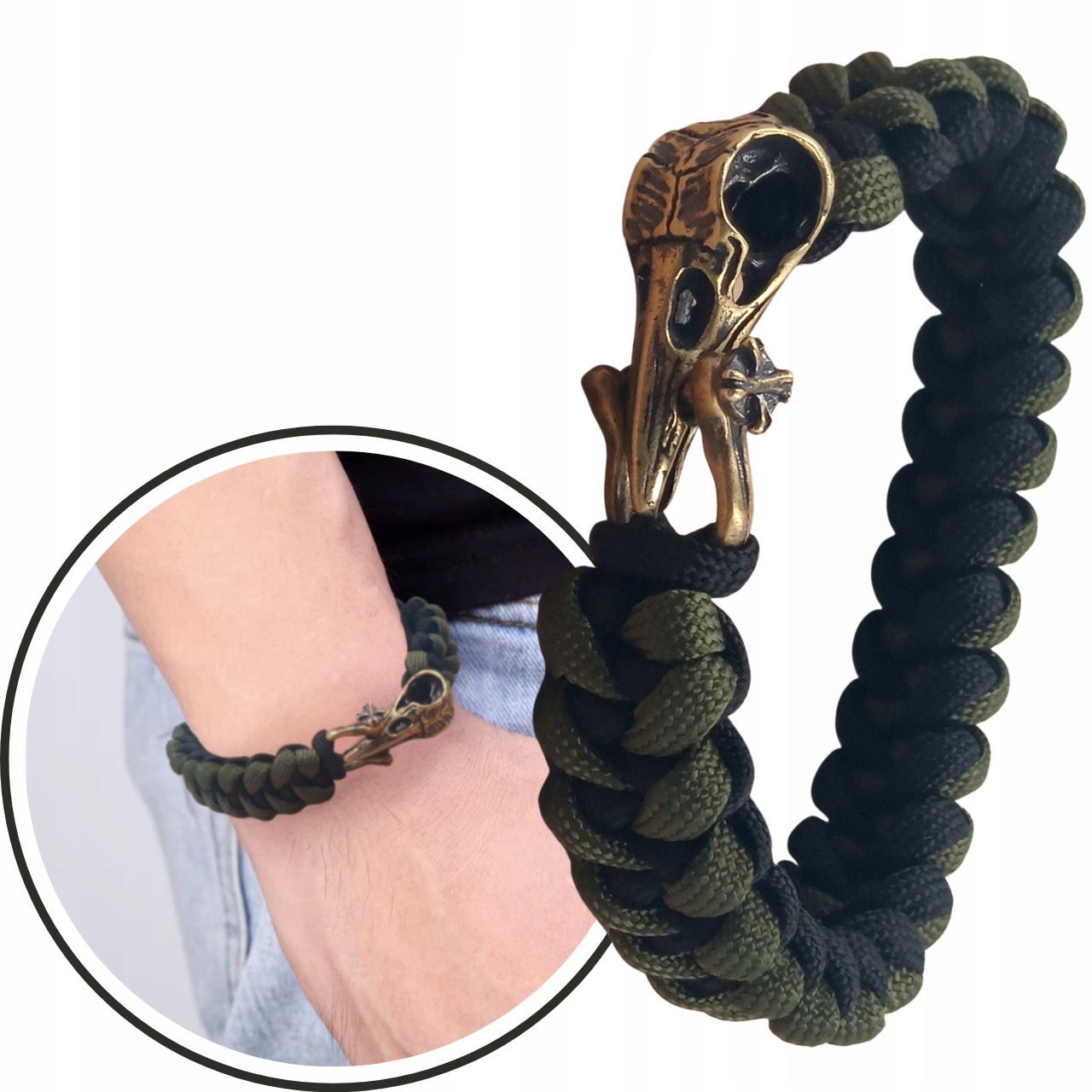 Náramek Paracord se zapínáním ve tvaru Havraní lebky Khaki Amulet