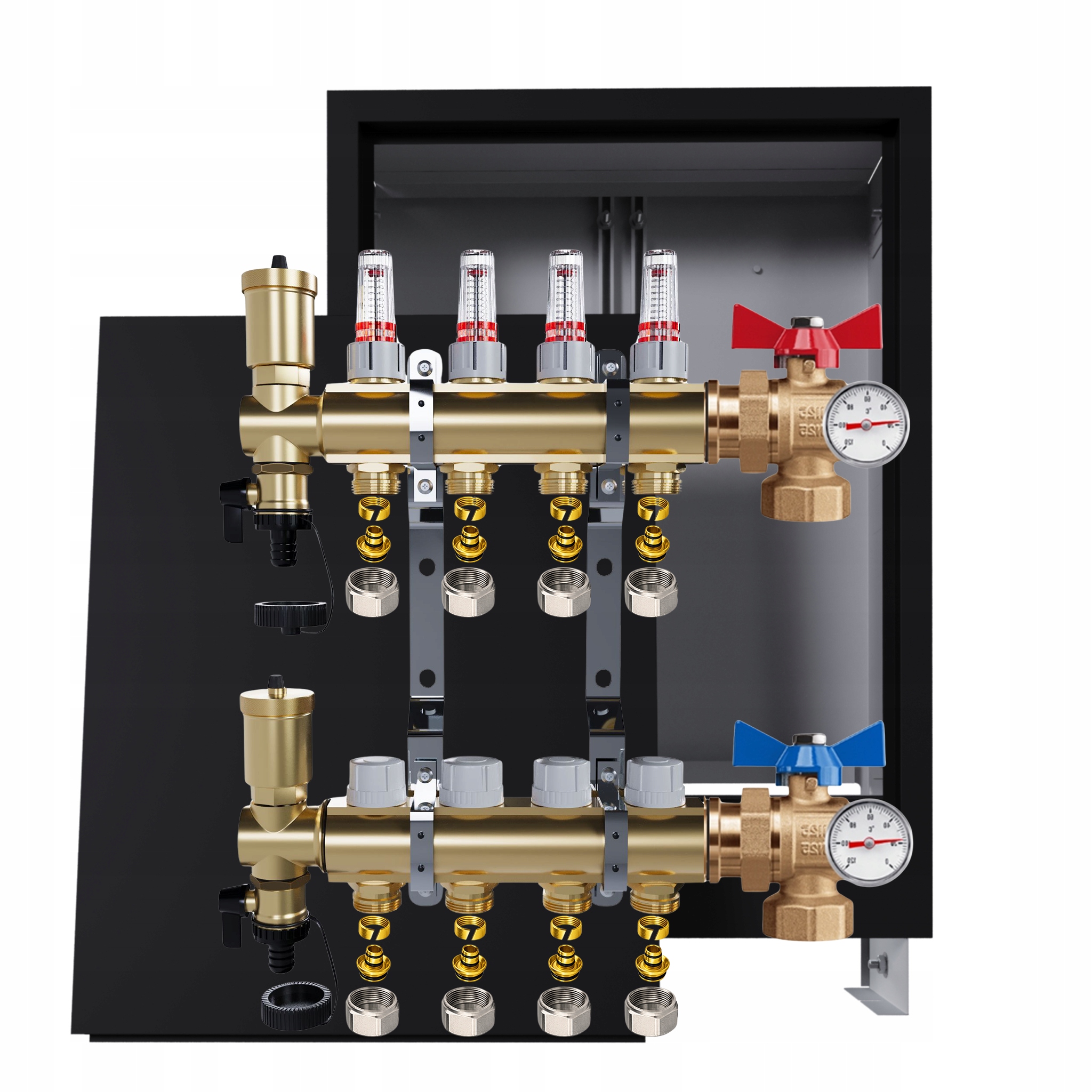 Rozdělovač podlahy 4 okruhy úhlové ventily teploměry krabička Pex