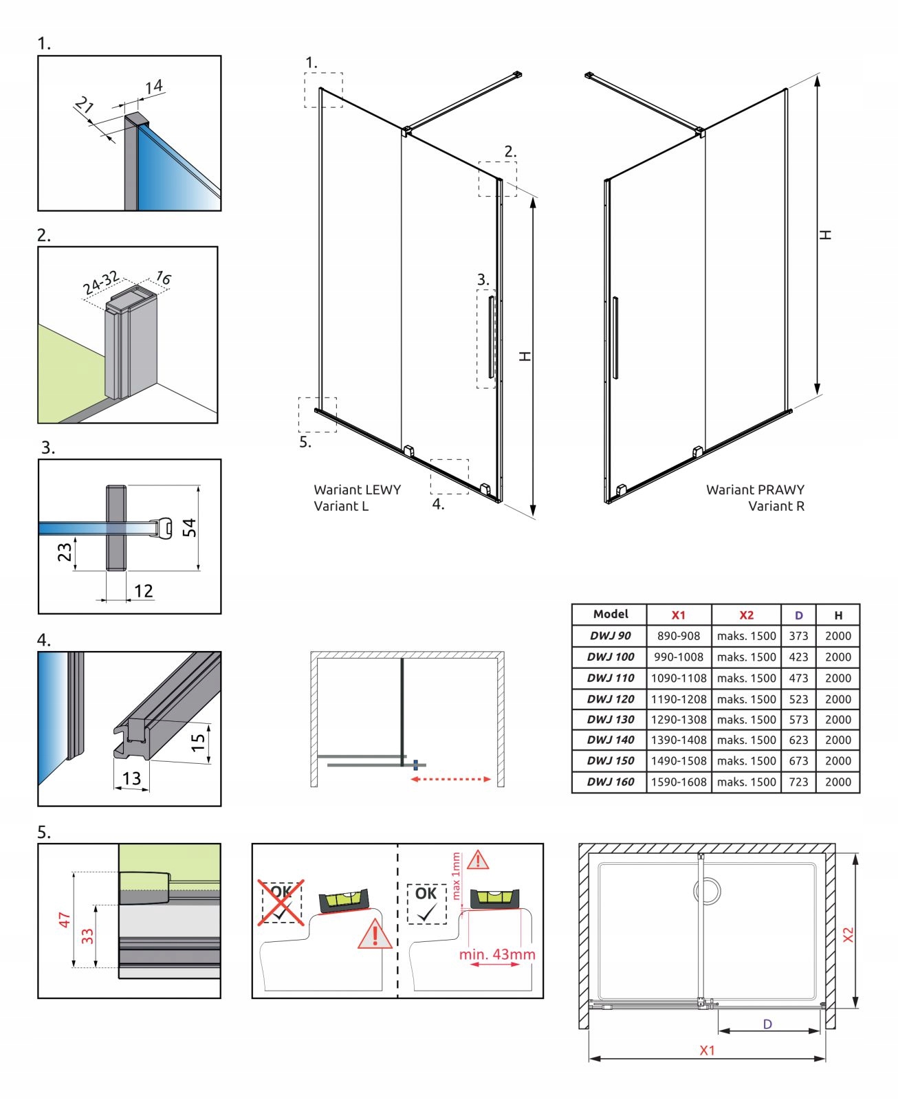 Drzwi prysznicowe szklane Furo DWJ 130 L czyste Typ drzwi rozsuwane