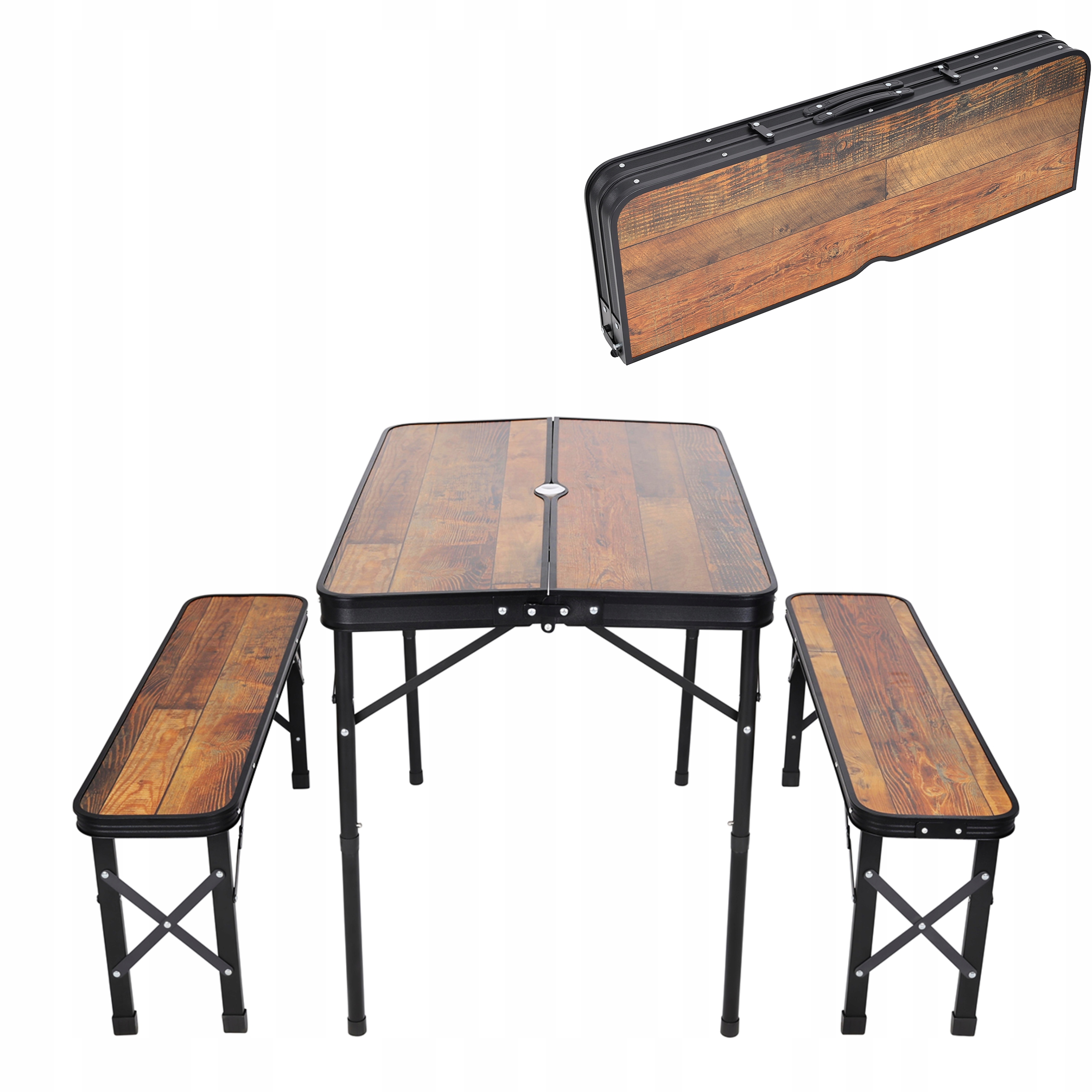 Zestaw Ogrodowy Składany Stolik I 2 Ławki 90x60x70 Cm Camping Drewno