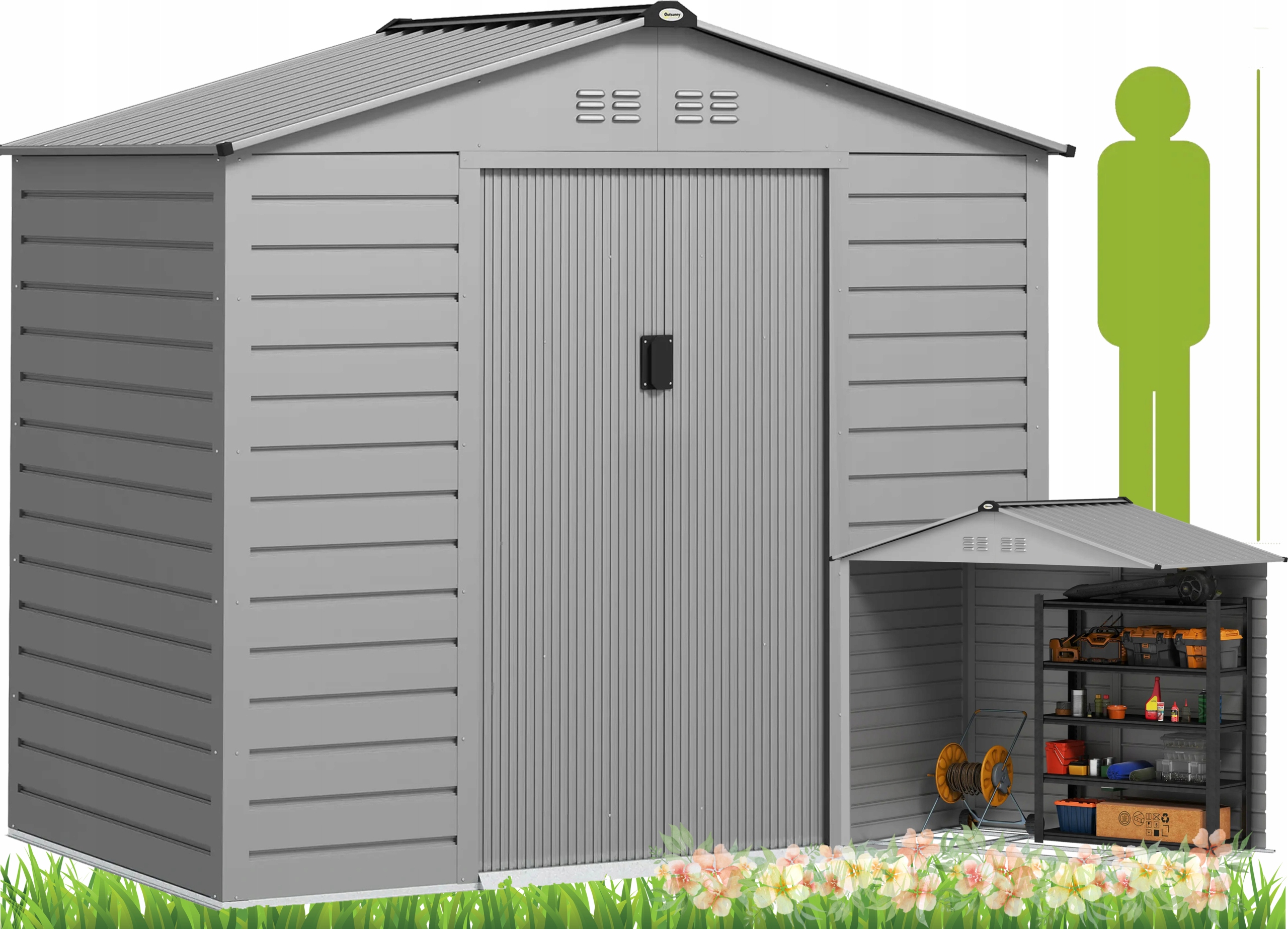 Zahradní úložný prostor 213x131x192 cm Šedý Ocelový Dveře 4 Větrací otvory