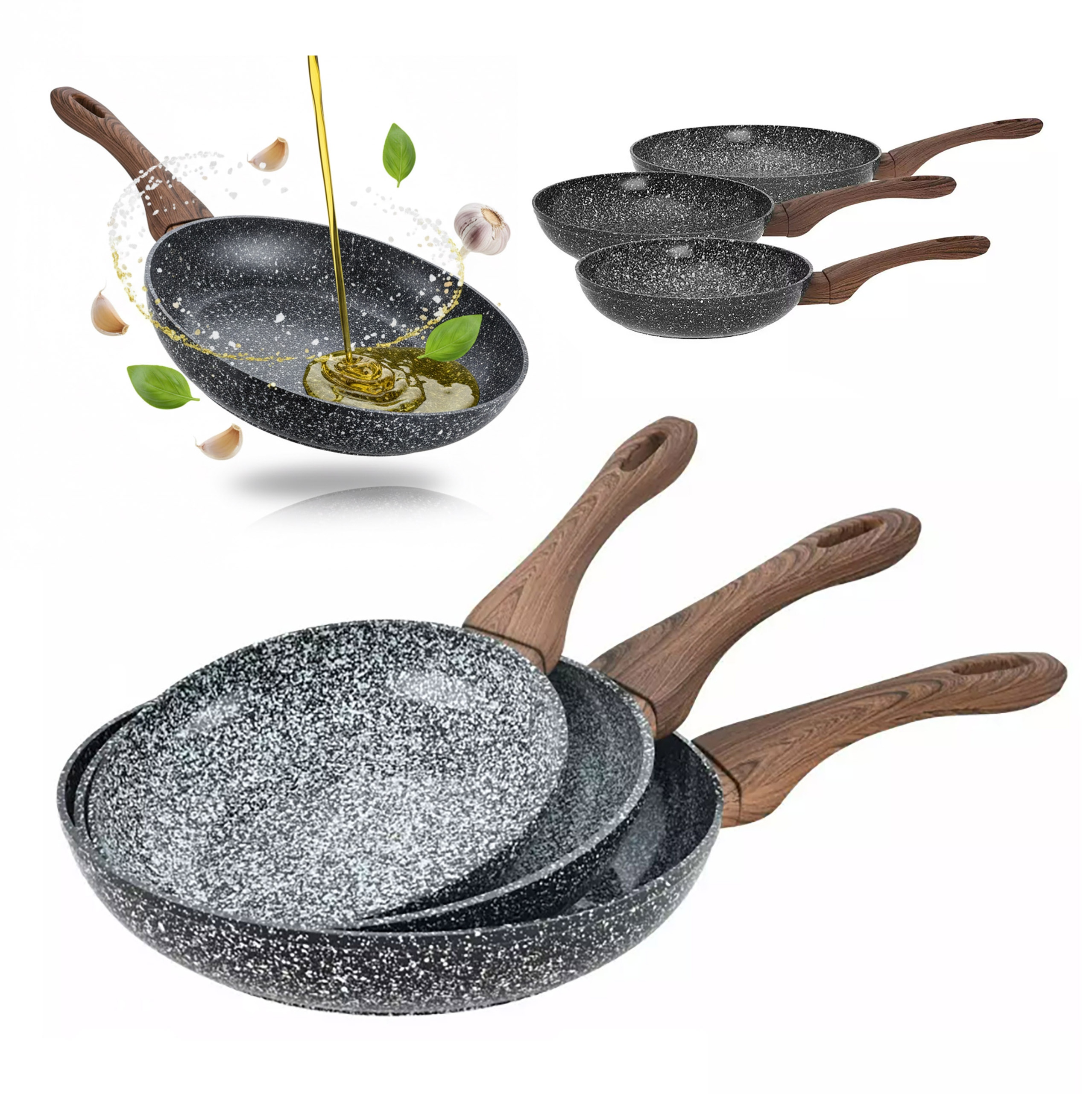 3x Keramická pánev granitová 20/24/28 cm na indukci a plyn