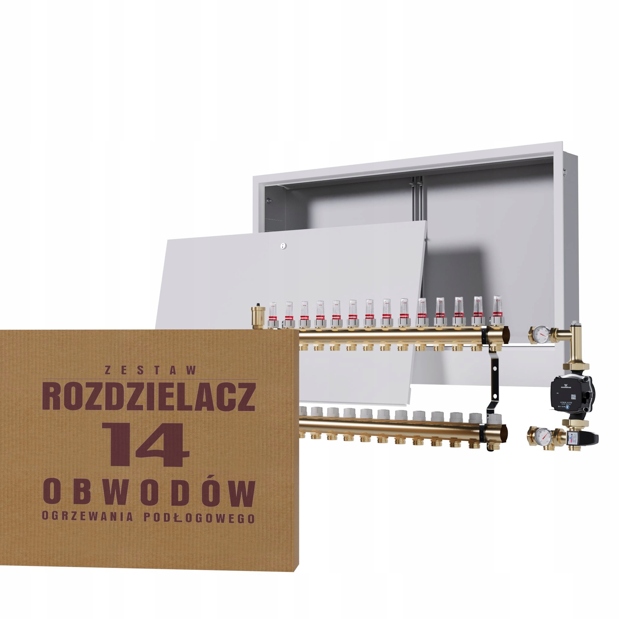 Rozdělovač pro podlahu 14 okruhů se skupinou Grundfos podomítková skříňka