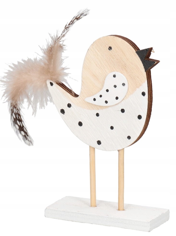 PTASZEK DREWNIANY Z PIÓRKIEM FIGURKA OZDOBA