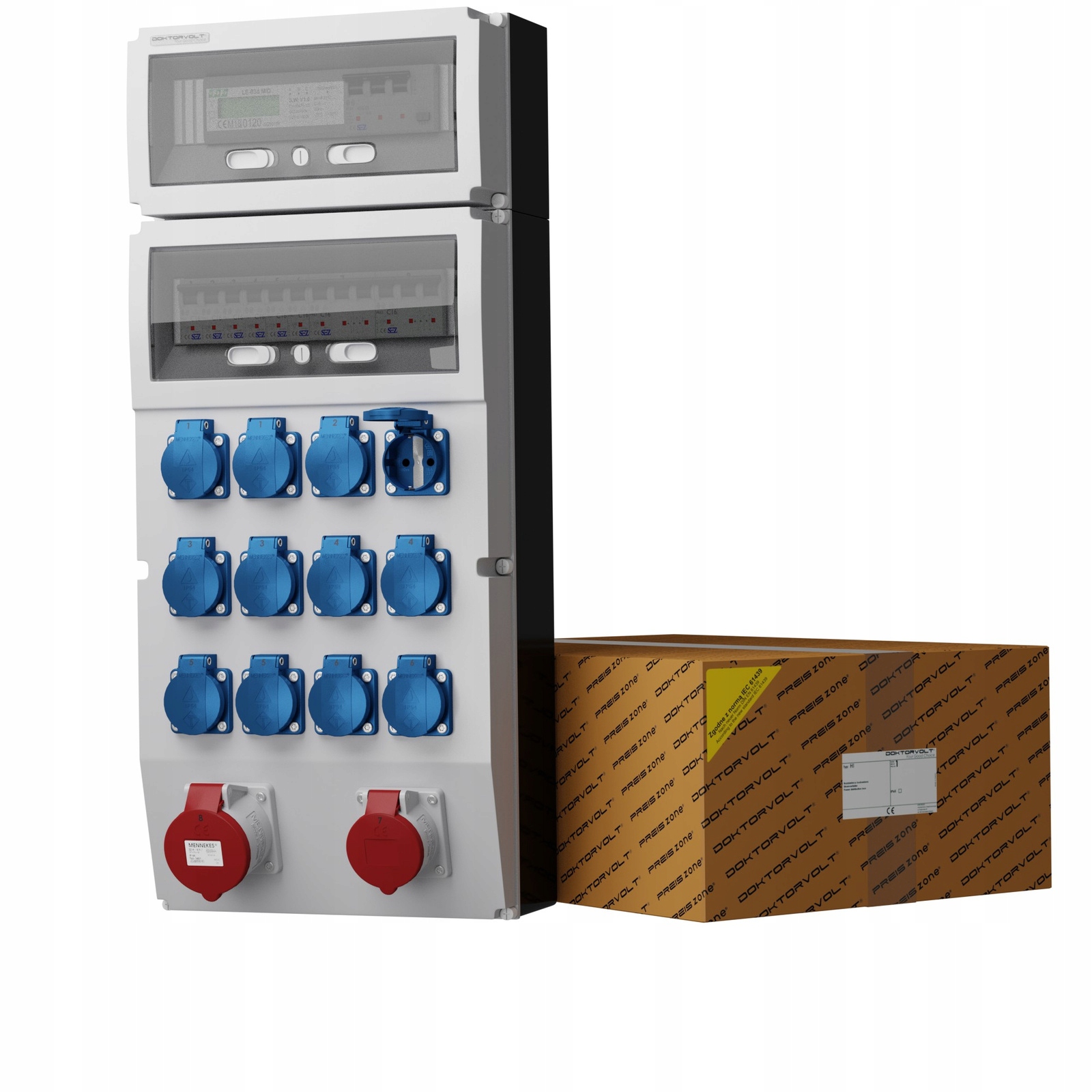 Stavebný rozvádzač zabezpečený počítadlom 32A 16A 12x230V Schuko