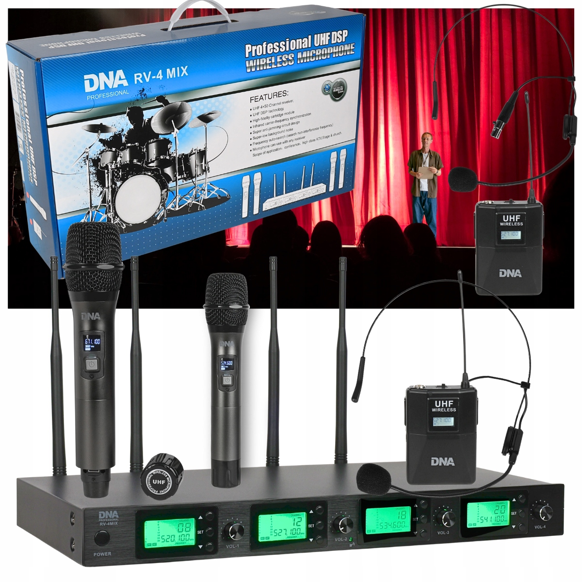 Bezdrátový mikrofon 2x ruční vysílač 2x náhlavní vysílač bodypack