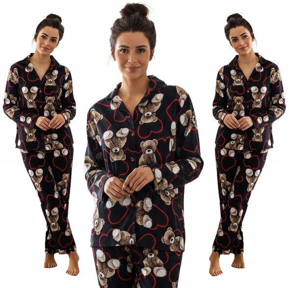 Piżama Damska Rozpinana Bawełniana długi rękaw dwuczęściowa ciepła misie