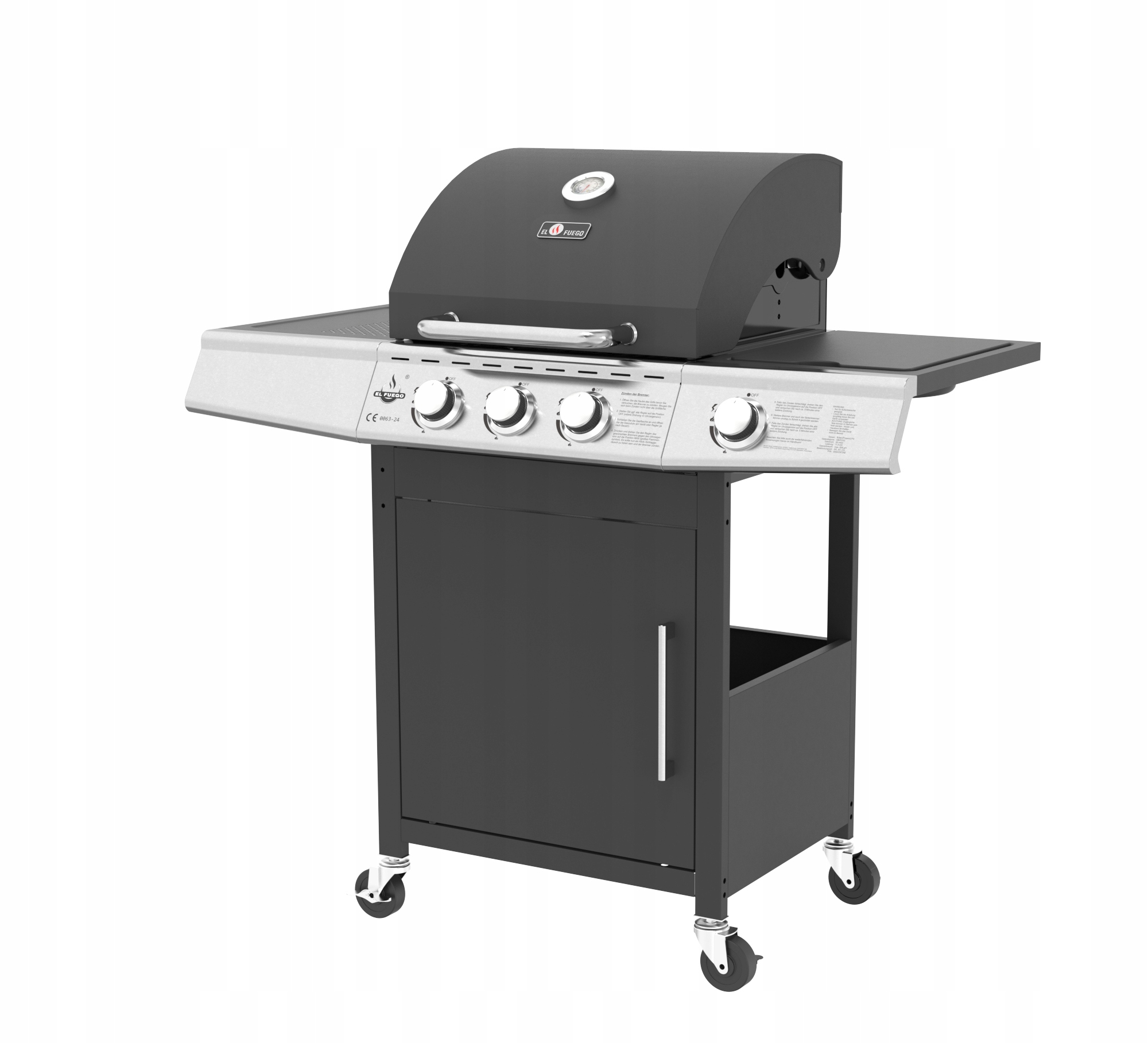 Grill Gazowy El Fuego Miami 3+1 Żeliwny Ruszt 11.5kW Podwójna Pokrywa