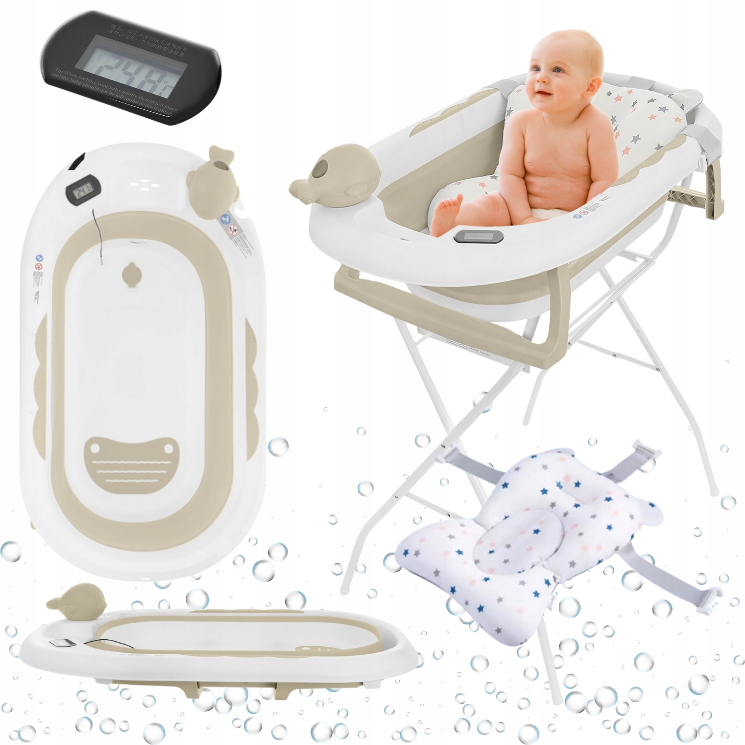 PRIMABOBO Wanienka składana OLA ZE STOJAKIEM, wanna, termometr PODUSZKA