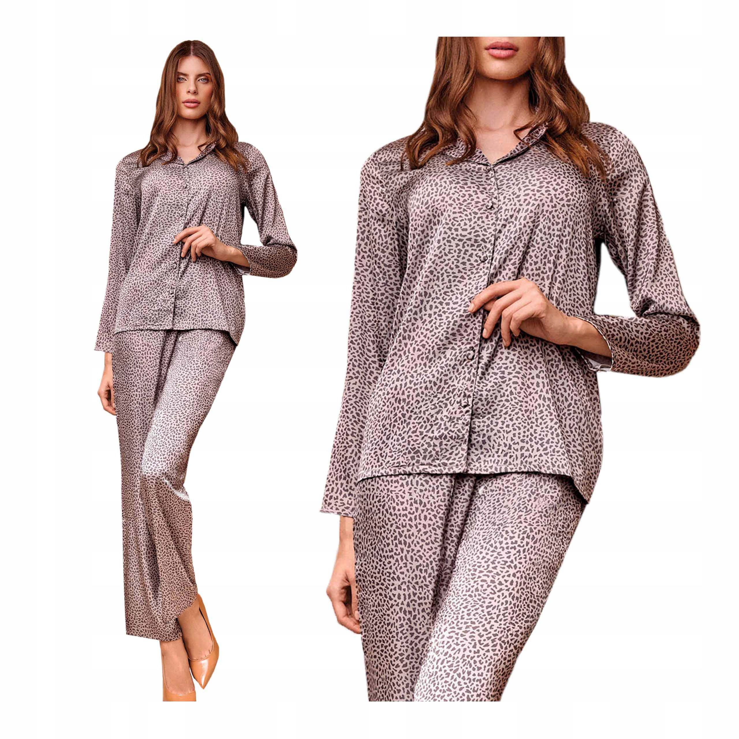 Dámské saténové dvoudílné dlouhé pyžamo s panterkami Lormar 2XL