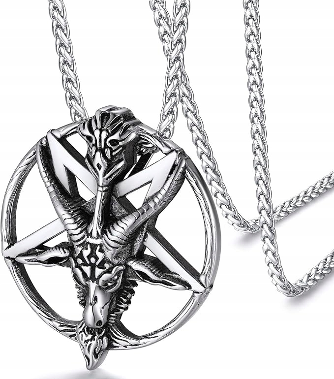Řetízek – přívěsek ve stylu punk, satan, hlava kozy, pentagram nerezová ocel
