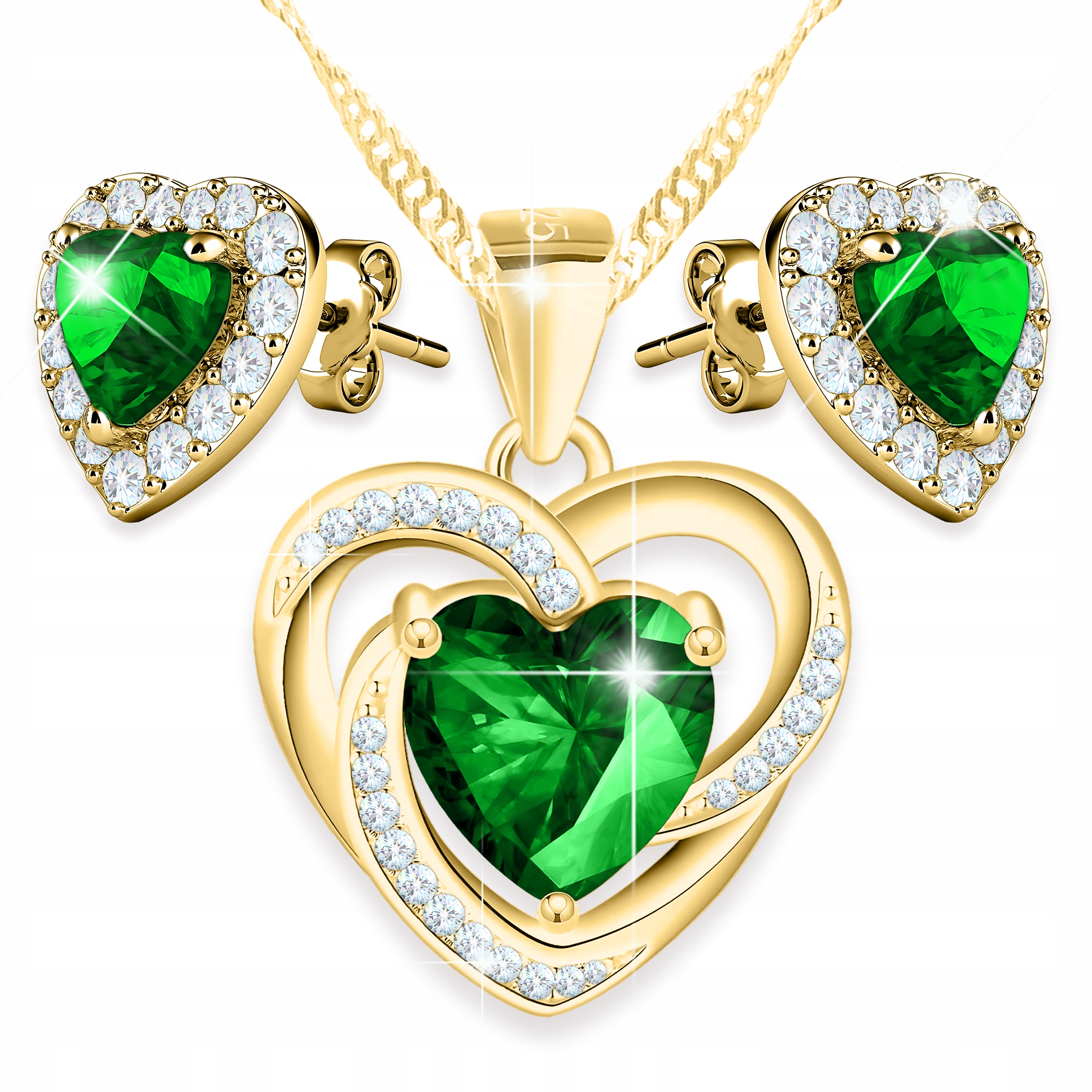 Sada Zlatý náhrdelník Srdce a Zlaté Náušnice Zelené srdce Láska Stříbro 925