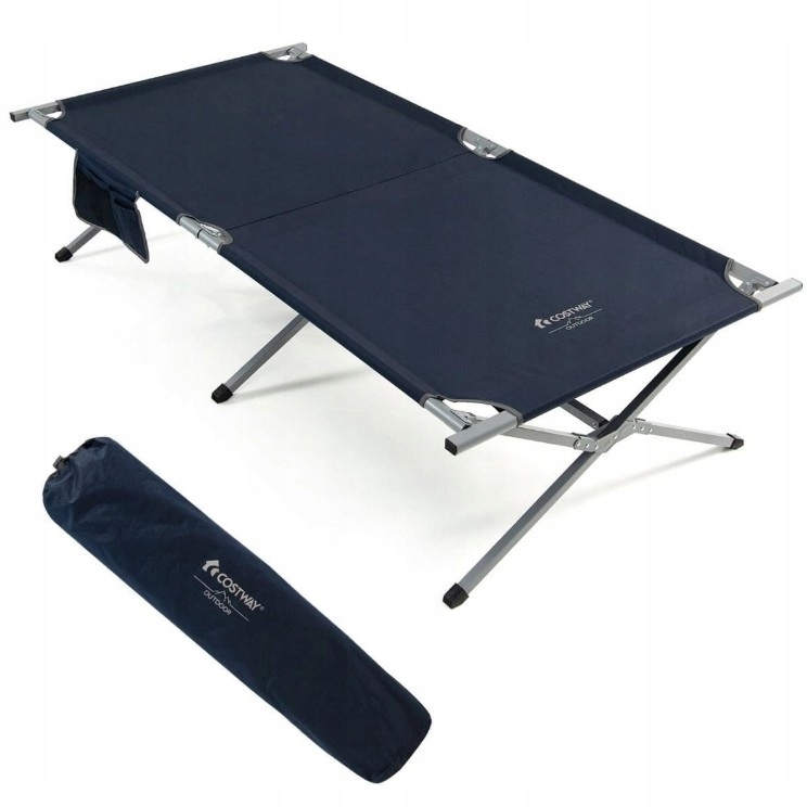 Składane łóżko polowe łóżko kempingowe z kieszenią niebieskie Costway