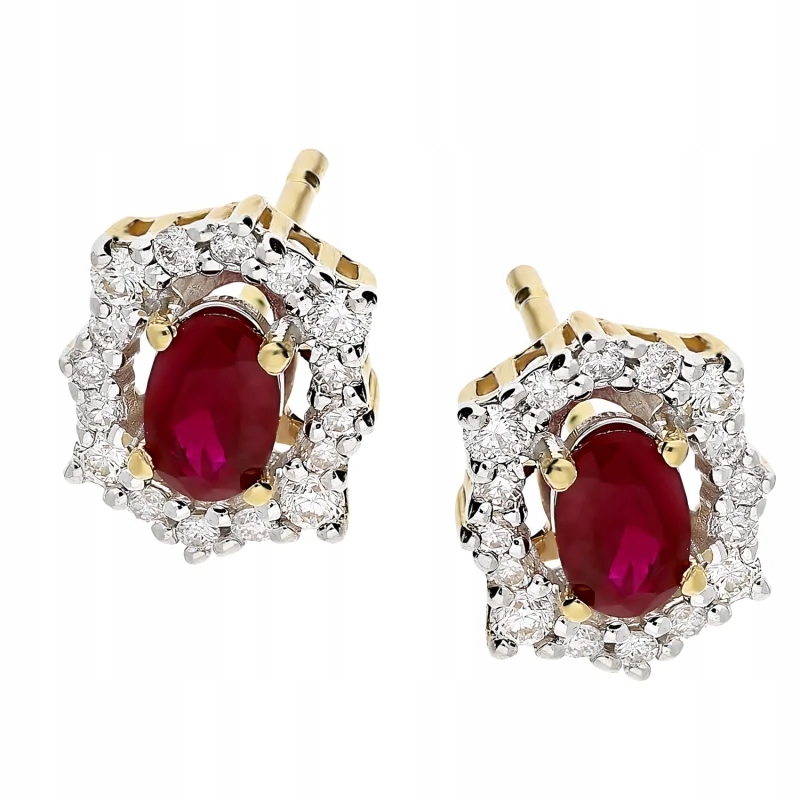 Dámské zlaté náušnice 585 stylový rubín obklopený diamanty dárek 1,67g
