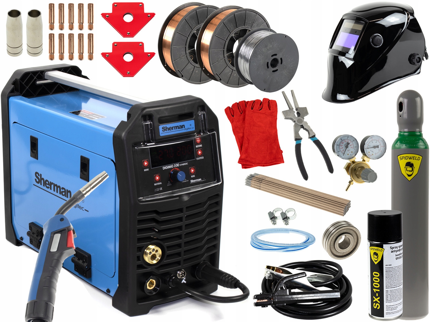 Spawarka inwertorowa Sherman Mig LCD 200 Mma Tig Synergia Zestaw Przyłbica